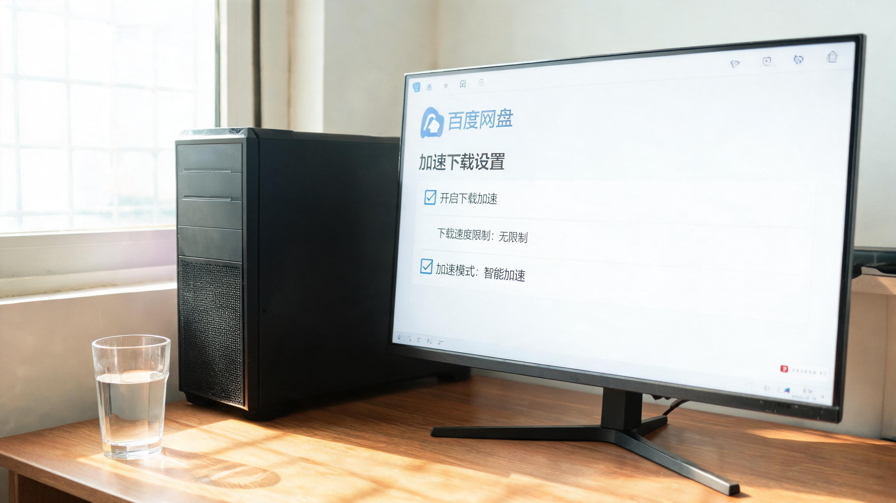 书桌上的主机，屏幕显示百度网盘加速下载电脑设置设置界面，桌角放着水杯，自然光