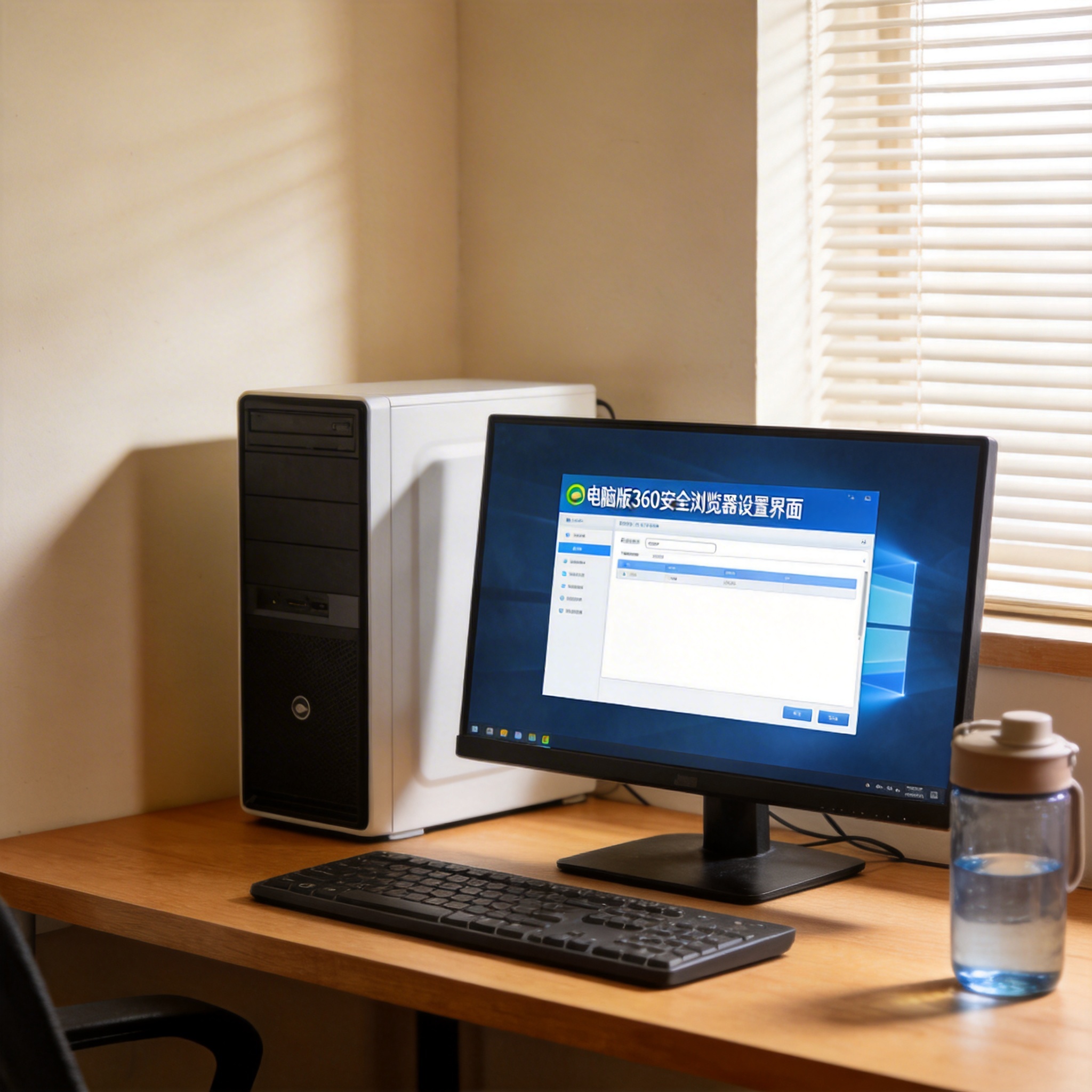 书桌上的主机，屏幕显示电脑版 360 安全浏览器设置界面，桌角放着水杯，自然光