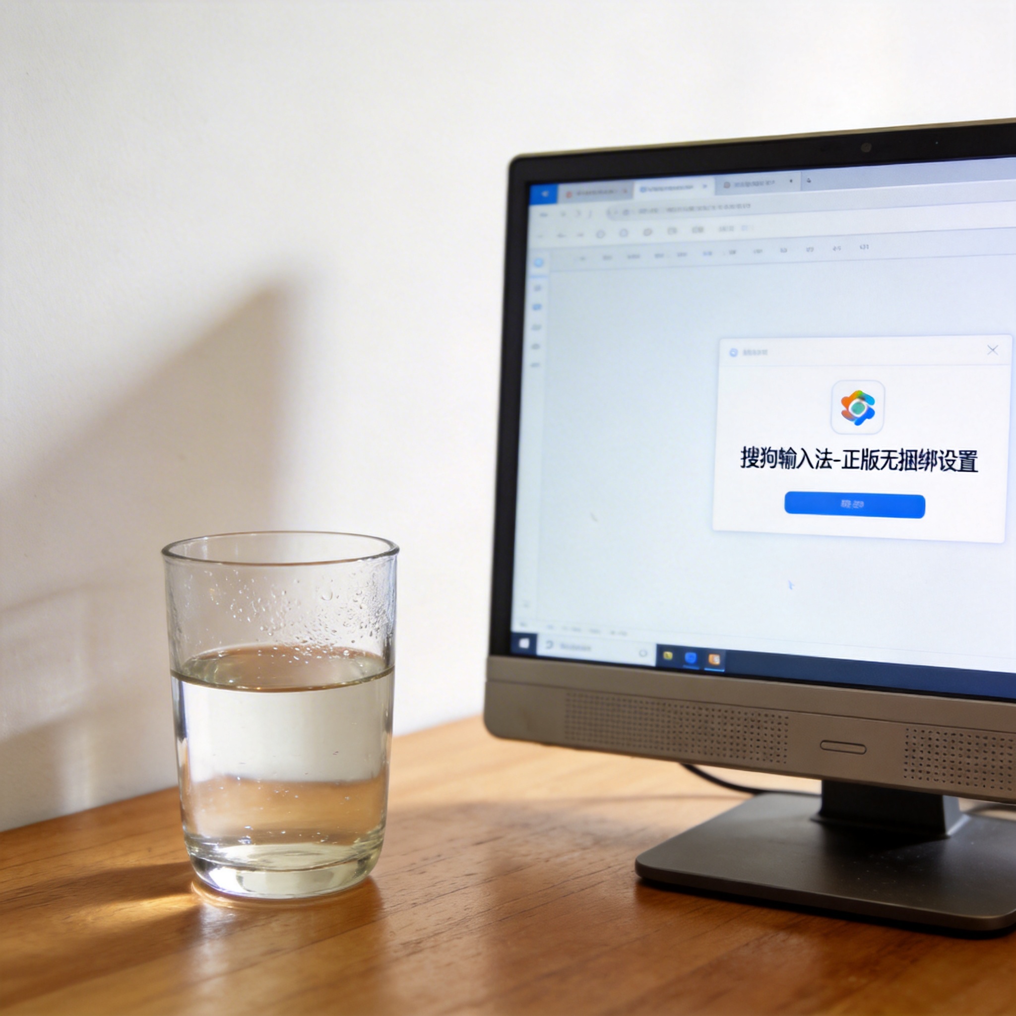 书桌上的主机，屏幕显示搜狗输入法正版无捆绑设置界面，桌角放着水杯，自然光