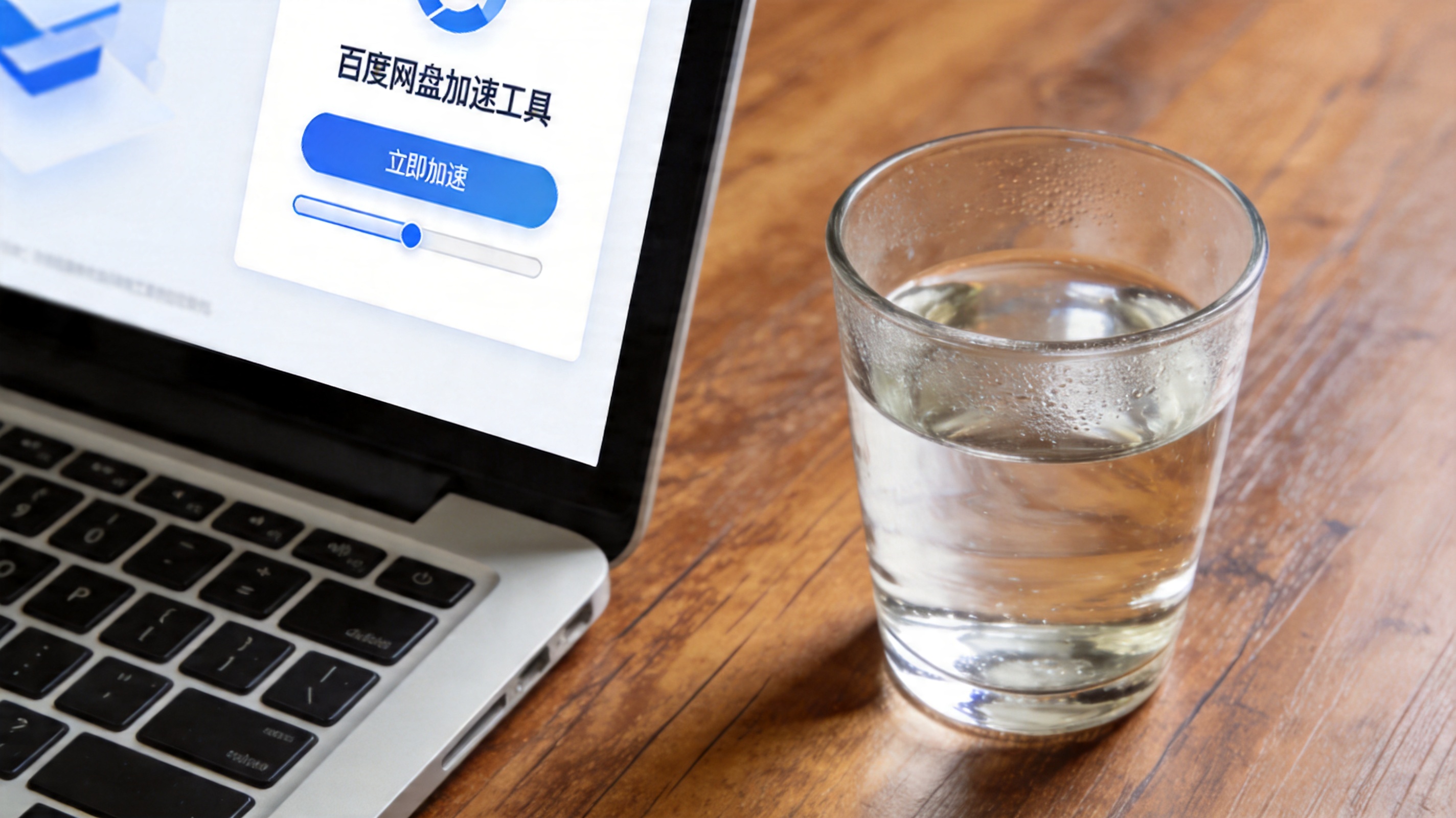 Windows系统的电脑放在桌面上，屏幕显示百度网盘加速工具主界面，旁边放着半杯白水，室内自然光