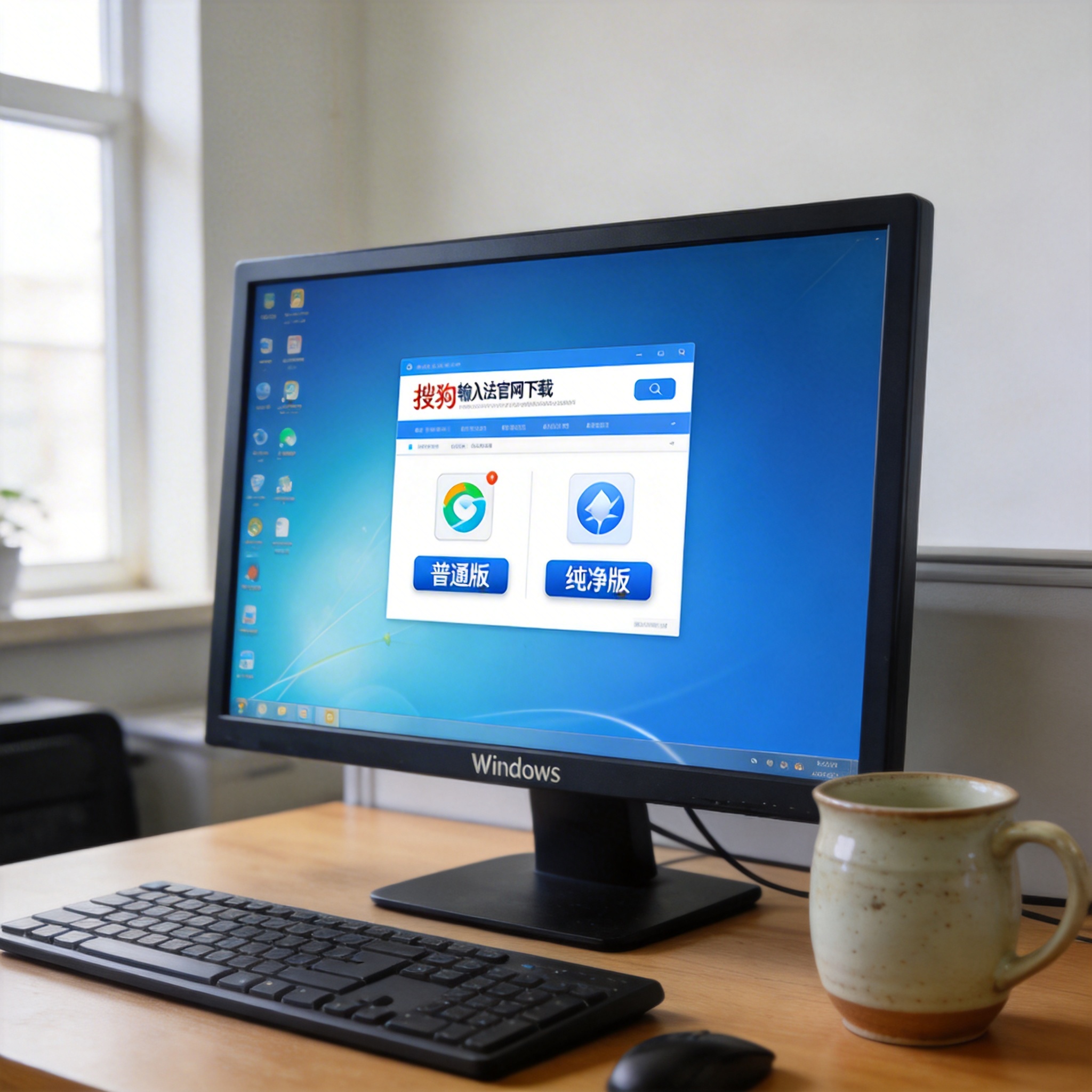 电脑桌的Windows系统电脑，屏幕显示搜狗输入法官网下载页面，页面上有普通版、纯净版选项，旁边放着陶瓷水杯，室内自然光