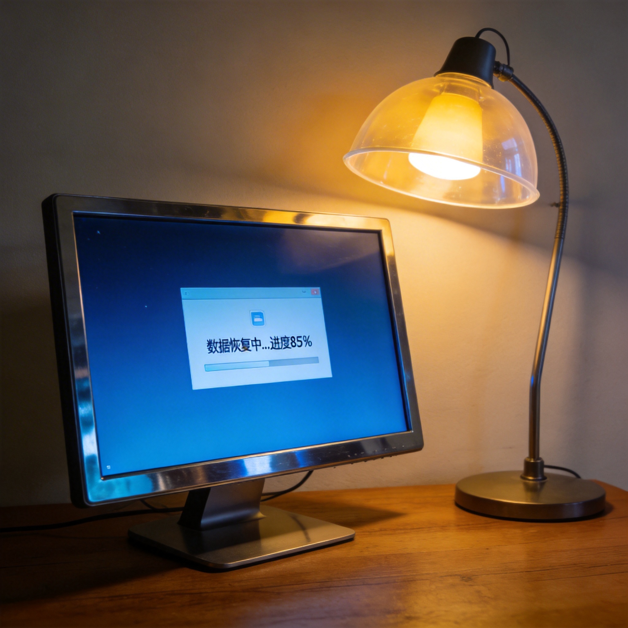 电脑桌上的电脑，屏幕显示数据恢复桌面，旁边放着台灯