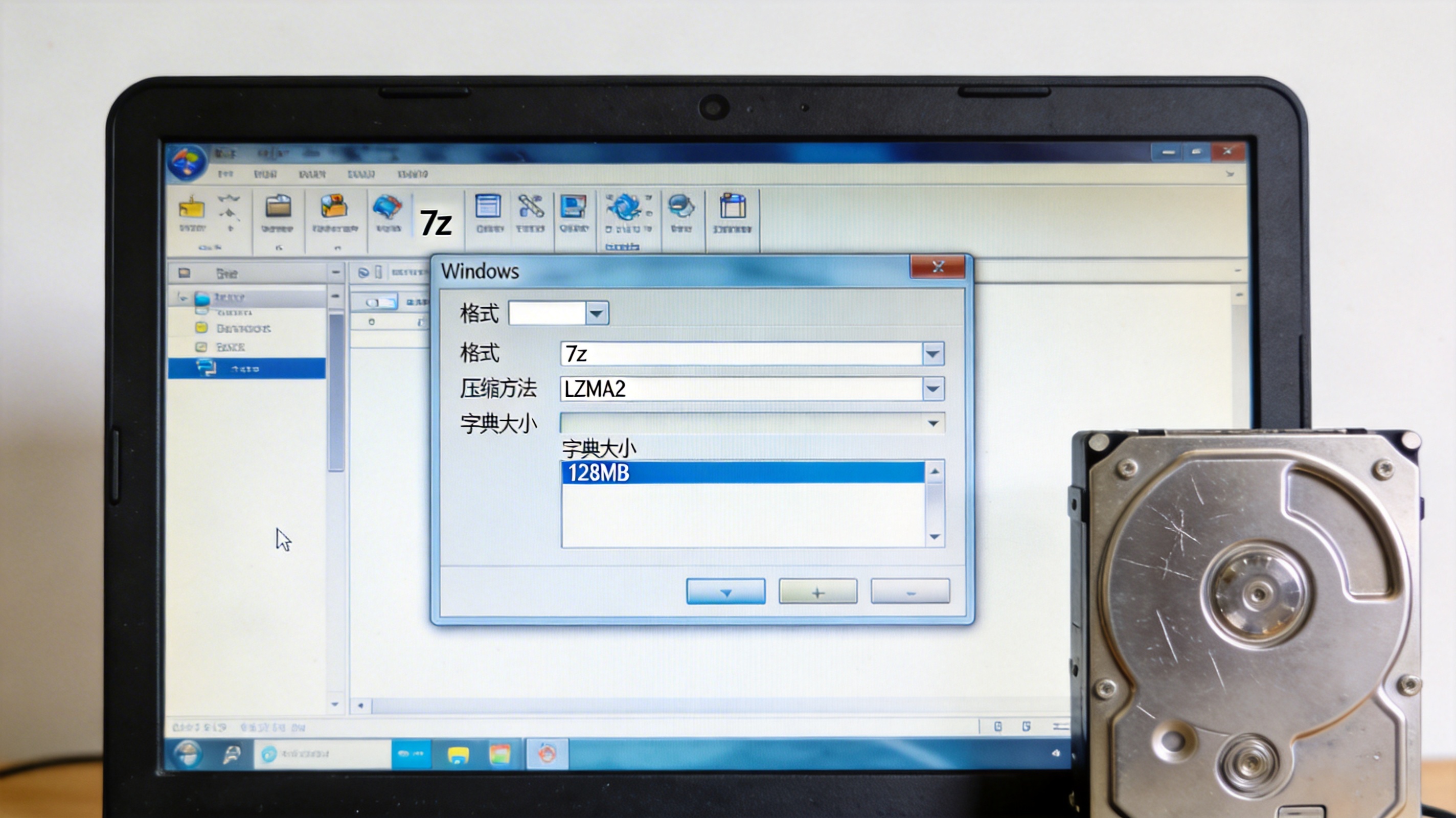 电脑桌面，屏幕显示Windows系统下7z软件的压缩设置窗口，格式选7z，压缩方法为LZMA2，字典大小设为128MB，旁边放着硬盘，室内自然光