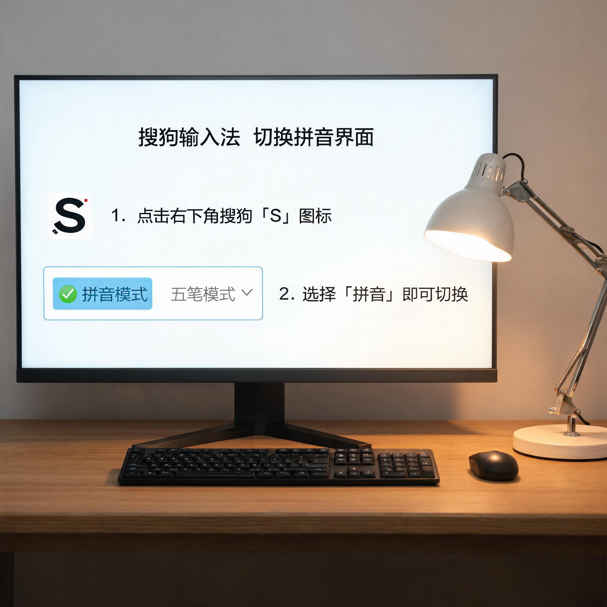 电脑桌上的电脑，屏幕显示搜狗输入法如何切换拼音界面，旁边放着台灯