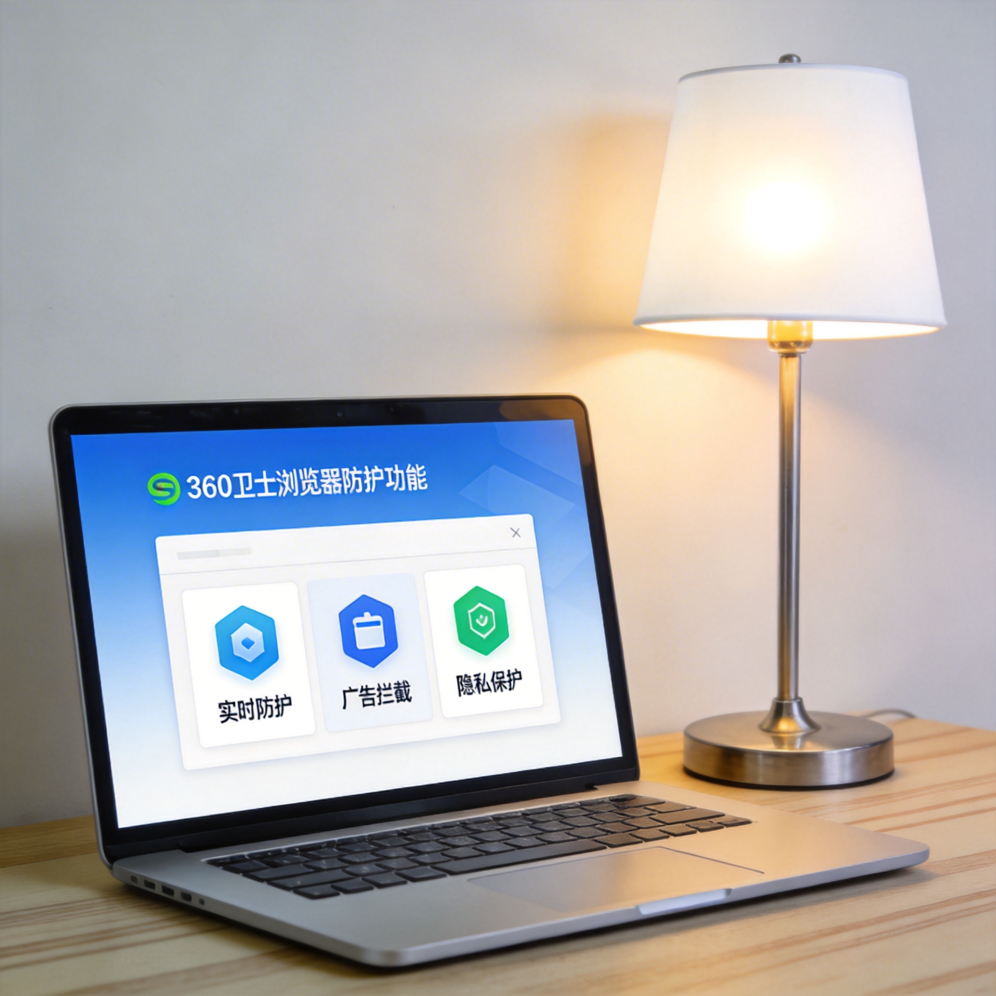 电脑桌上的电脑，屏幕显示360 卫士浏览器防护功能界面，旁边放着台灯