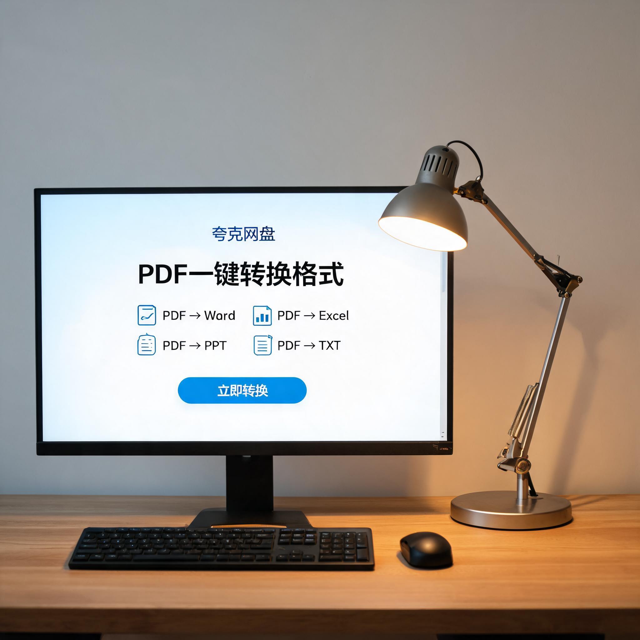 电脑桌上的电脑，屏幕显示夸克网盘 PDF 一键转换格式菜单，旁边放着台灯