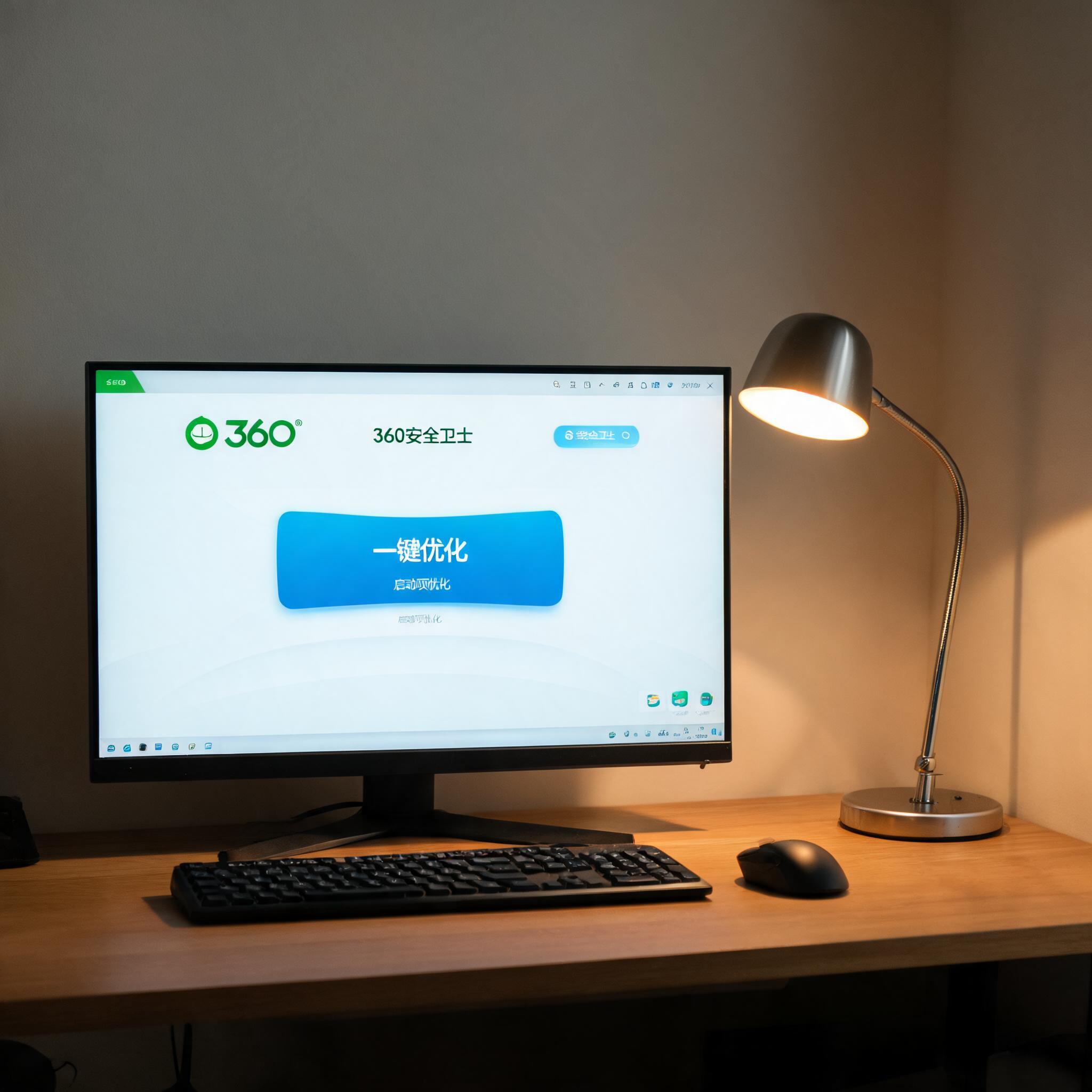 电脑桌上的电脑，屏幕显示360 卫士一键优化功能启动项，旁边放着台灯