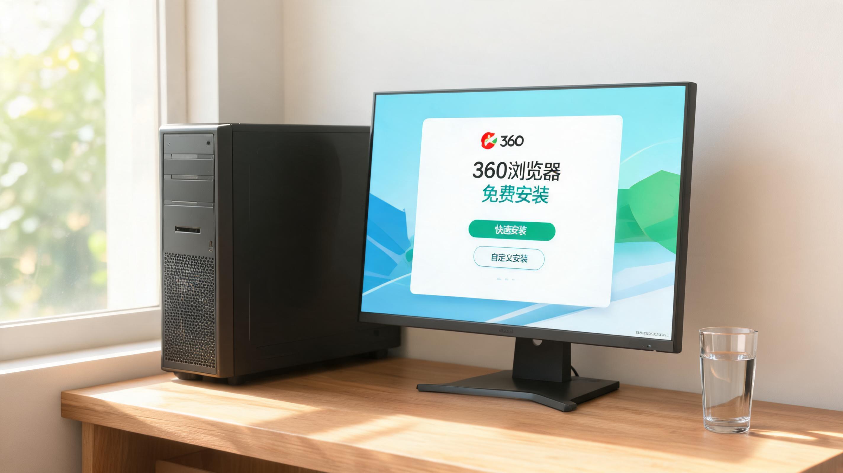 书桌上的主机，屏幕显示360 浏览器免费安装设置界面，桌角放着水杯，自然光