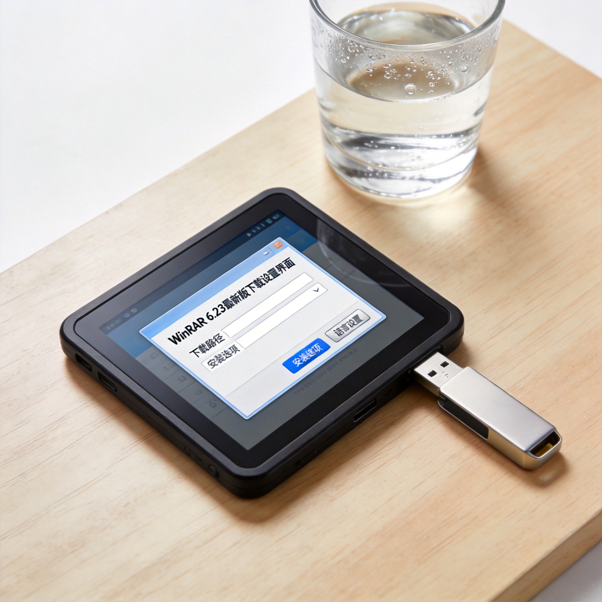 书桌上的U盘，屏幕显示win 压缩工具最新版下载设置界面，桌角放着水杯，自然光