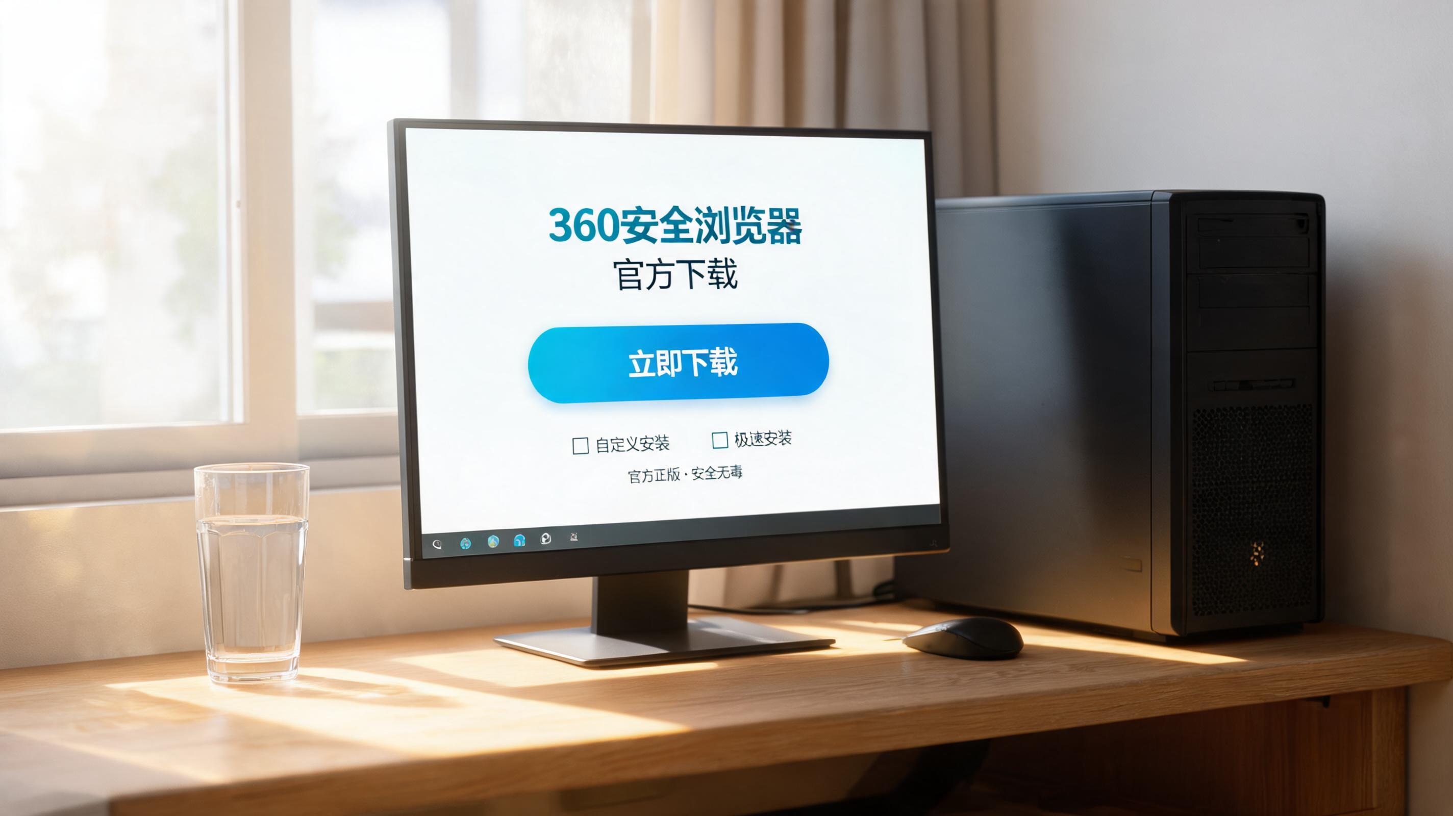 书桌上的主机，屏幕显示360 浏览器官方下载设置界面，桌角放着水杯，自然光