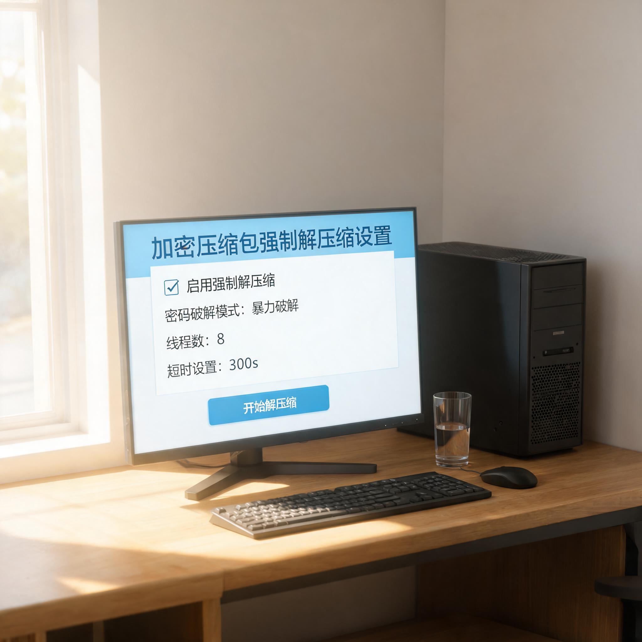 书桌上的主机，屏幕显示加密压缩包强制解压缩设置界面，桌角放着水杯，自然光