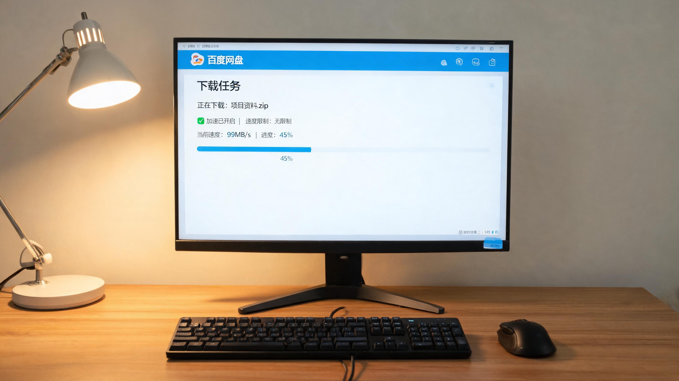 电脑桌上的电脑，屏幕显示百度网盘加速下载不限制速度界面，旁边放着台灯
