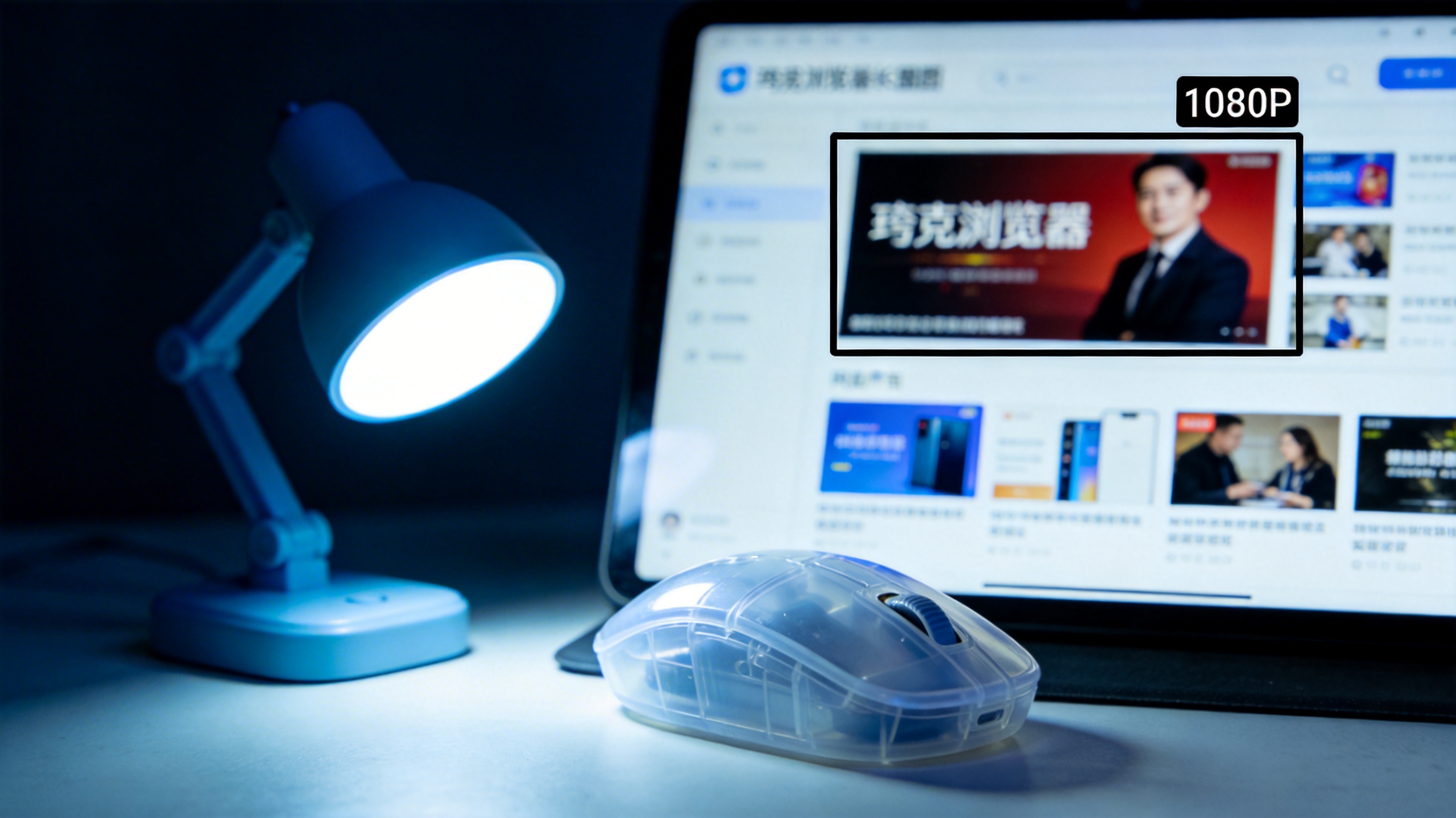屏幕显示夸克浏览器长截图界面，裁剪框调整着网页广告区域，右上角标注1080P清晰度，旁边是塑料鼠标，台灯冷光
