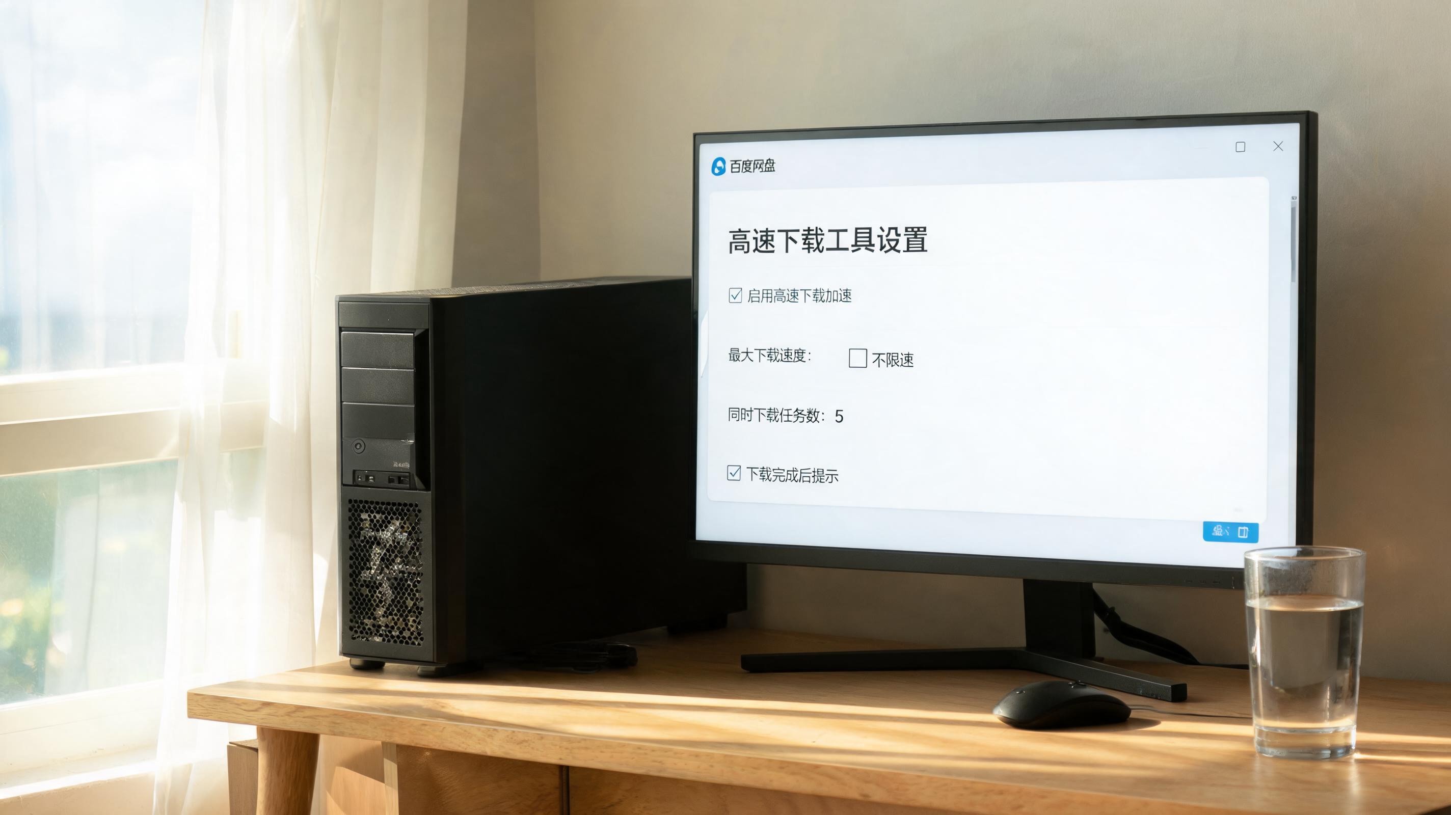 书桌上的主机，屏幕显示百度网盘高速下载工具设置界面，桌角放着水杯，自然光