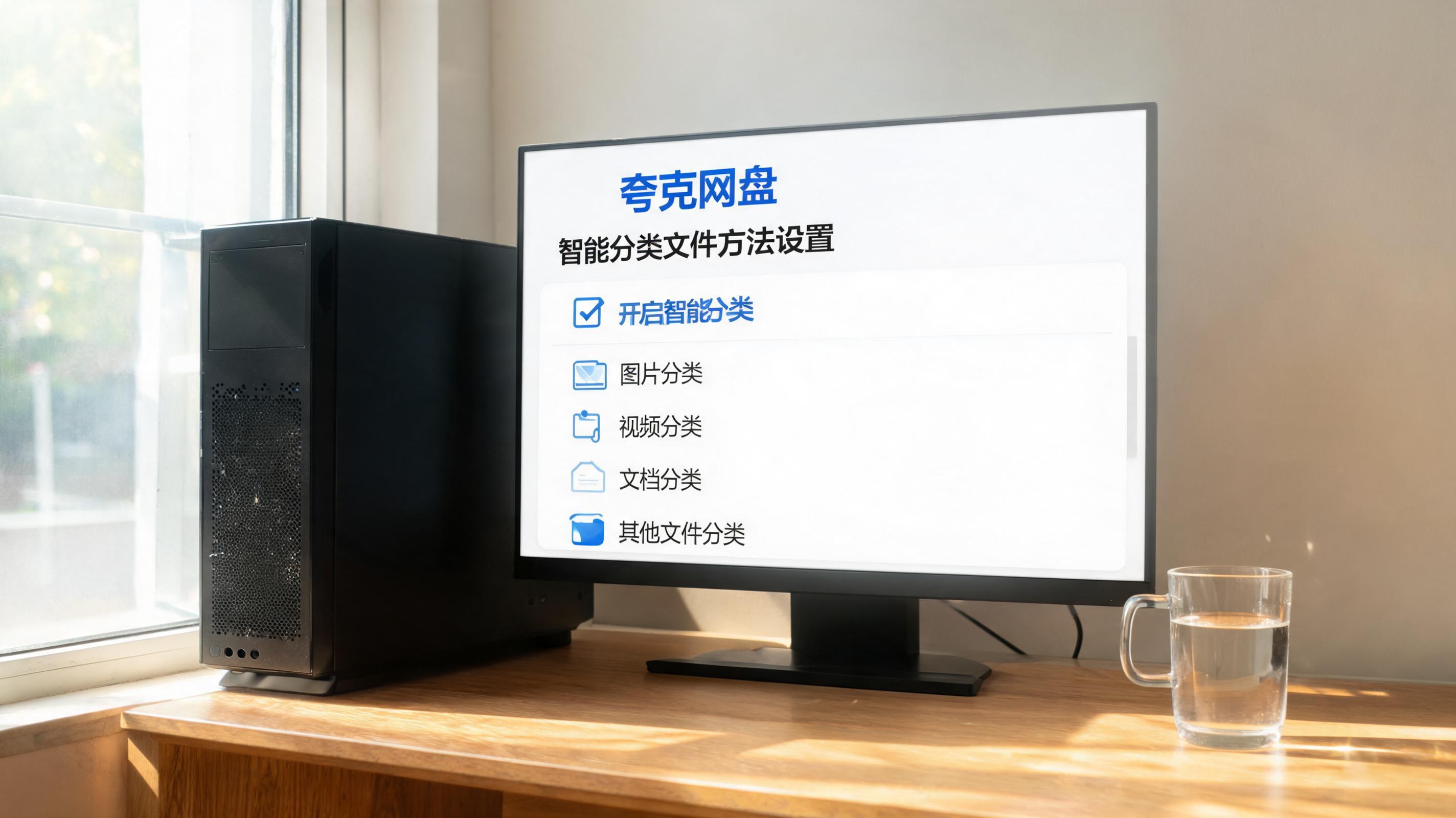 书桌上的主机，屏幕显示夸克网盘智能分类文件方法设置界面，桌角放着水杯，自然光