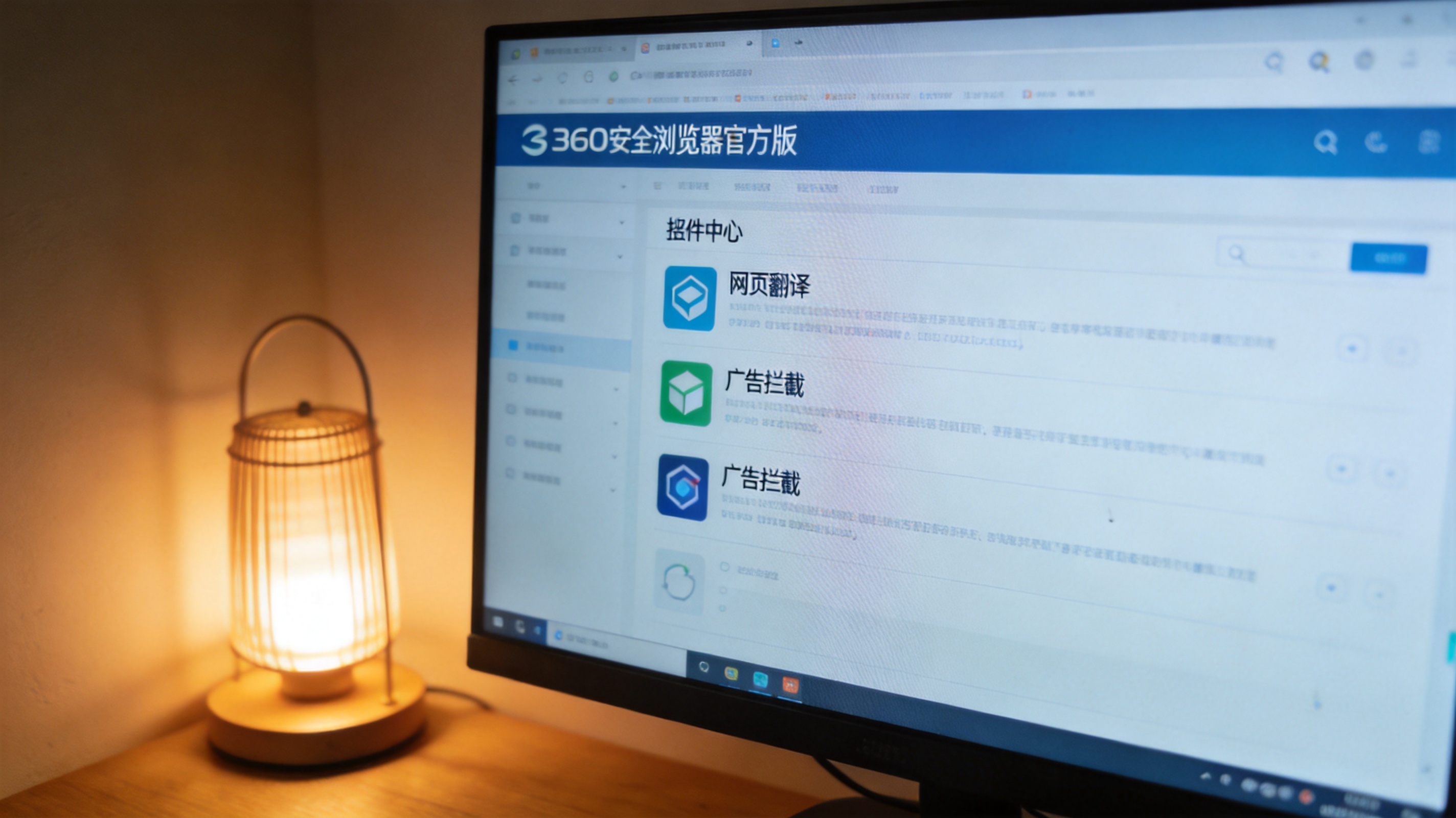 电脑屏幕显示360安全浏览器官方版的插件中心页面，网页翻译、广告拦截插件图标在列表里，桌面角落有台灯暖光