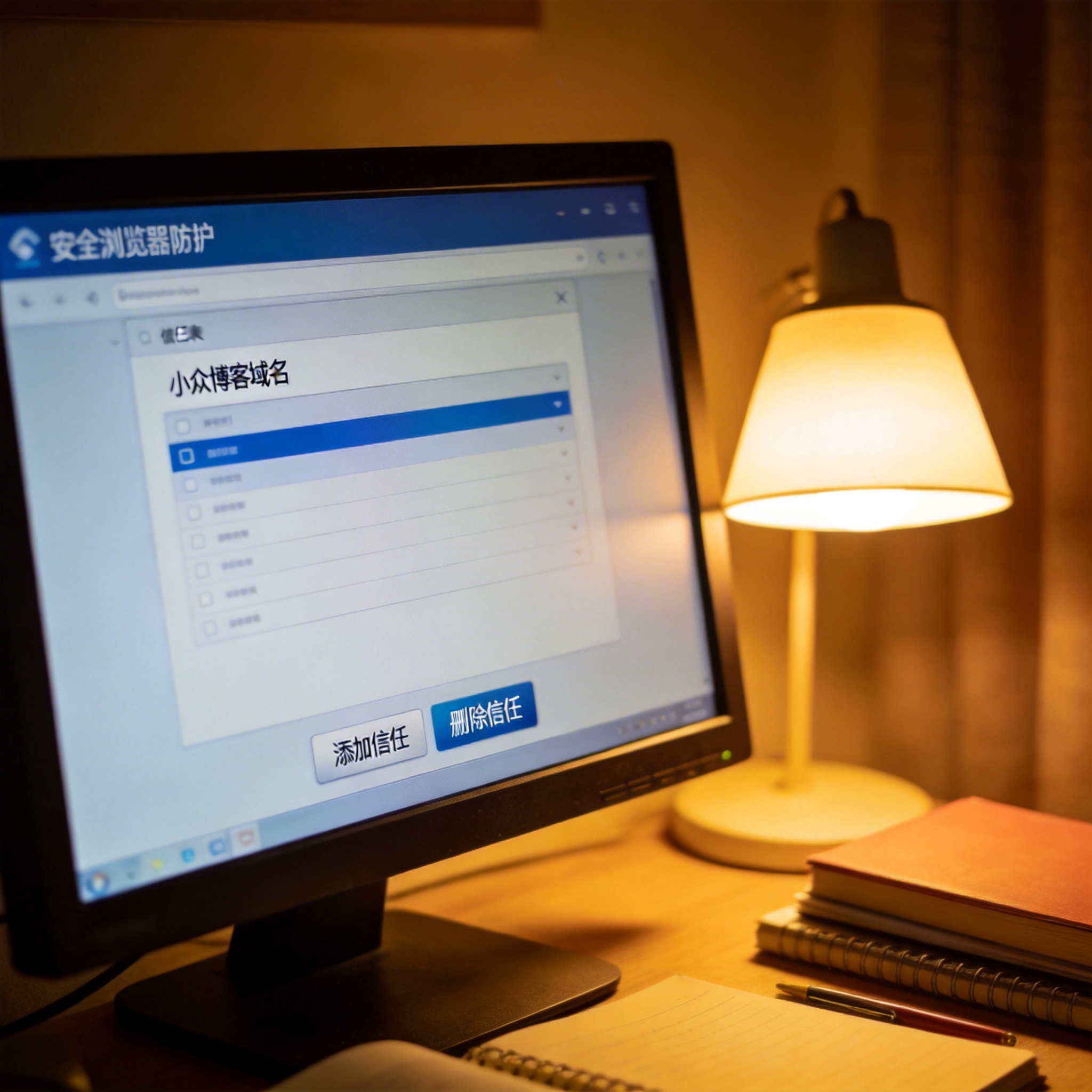 书桌上的电脑屏幕显示安全浏览器防护设置界面，信任列表栏里有小众博客域名，台灯暖光