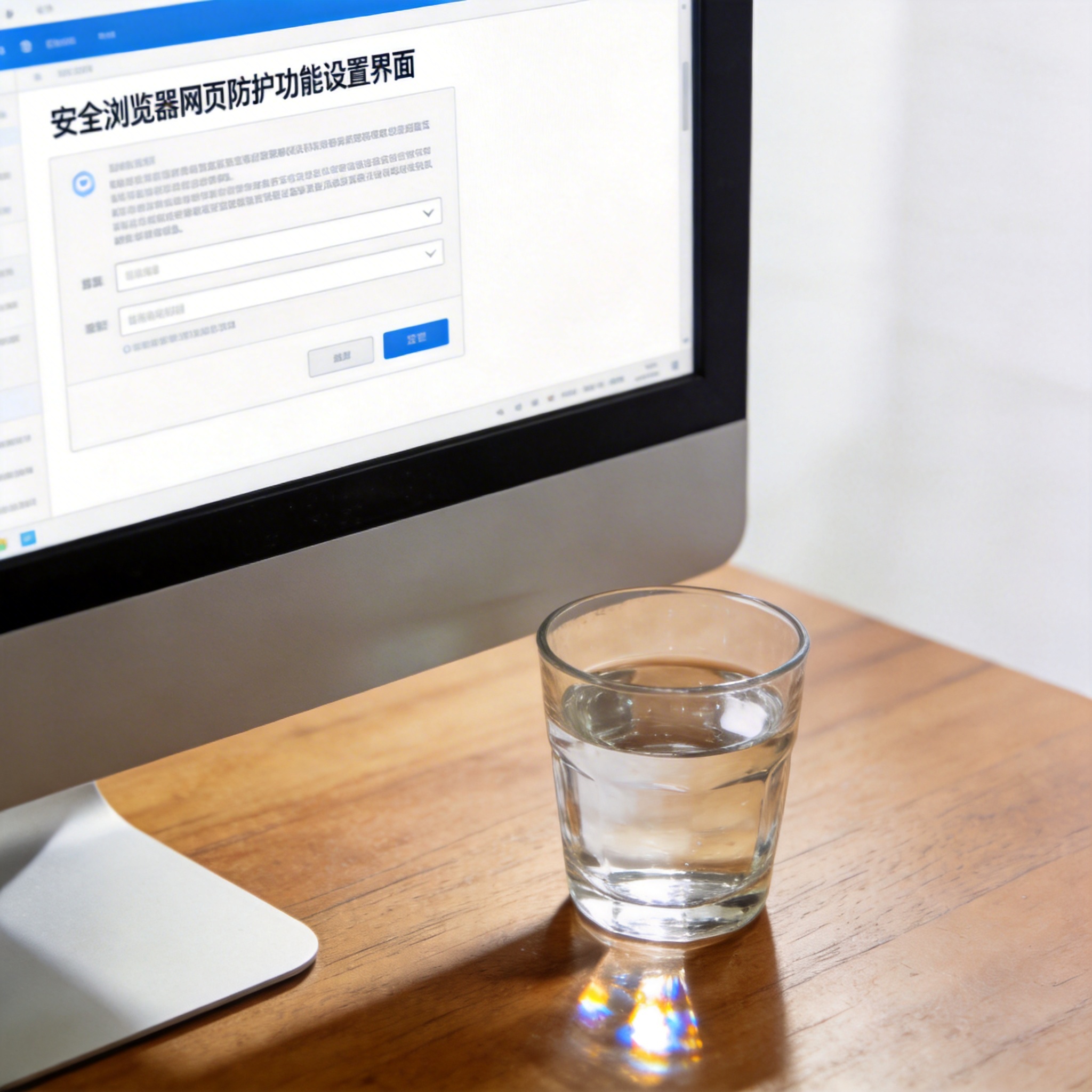 书桌上的主机，屏幕显示安全浏览器网页防护功能设置界面，桌角放着水杯，自然光
