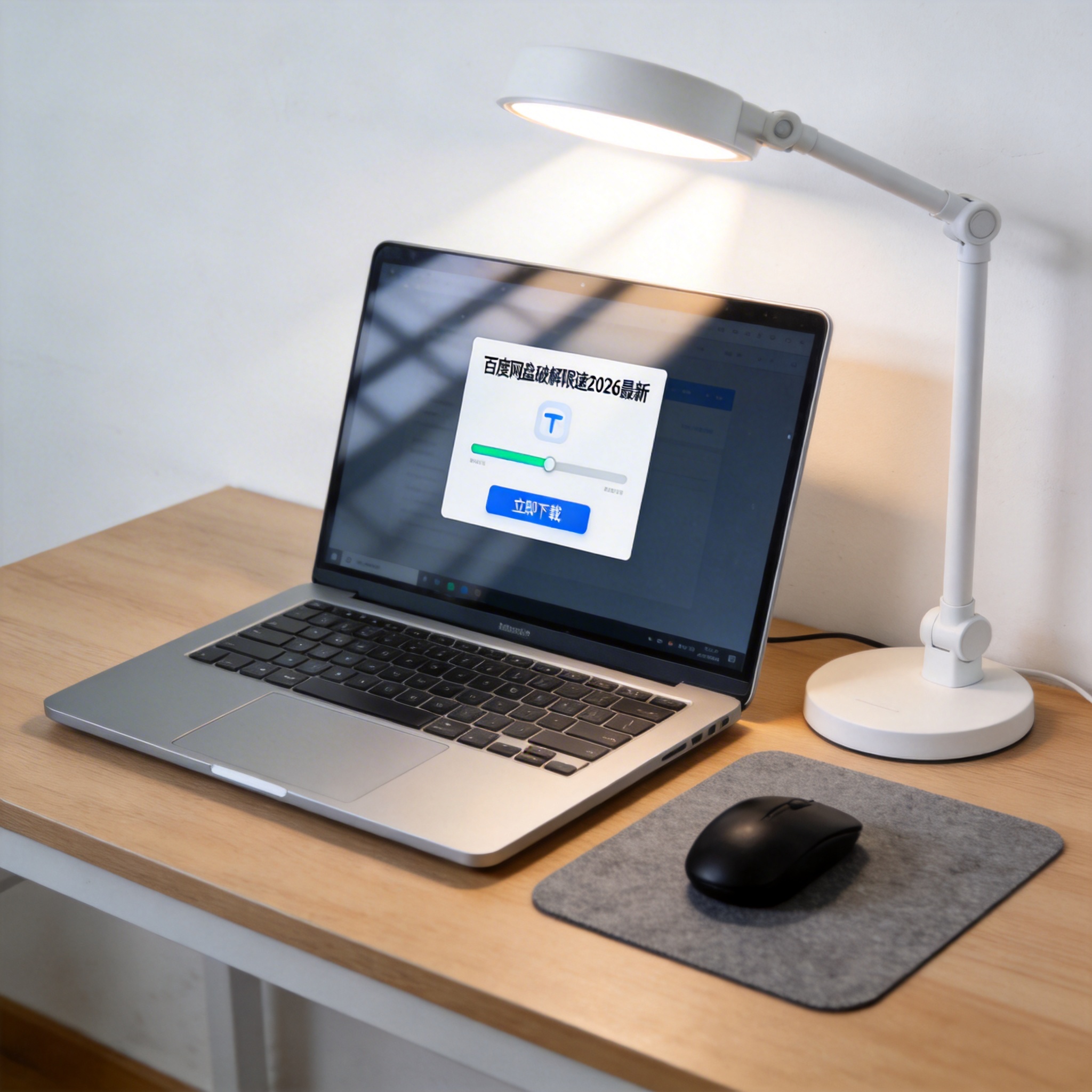 电脑桌上的电脑，屏幕显示百度网盘破解限速 2026 最新界面，旁边放着台灯