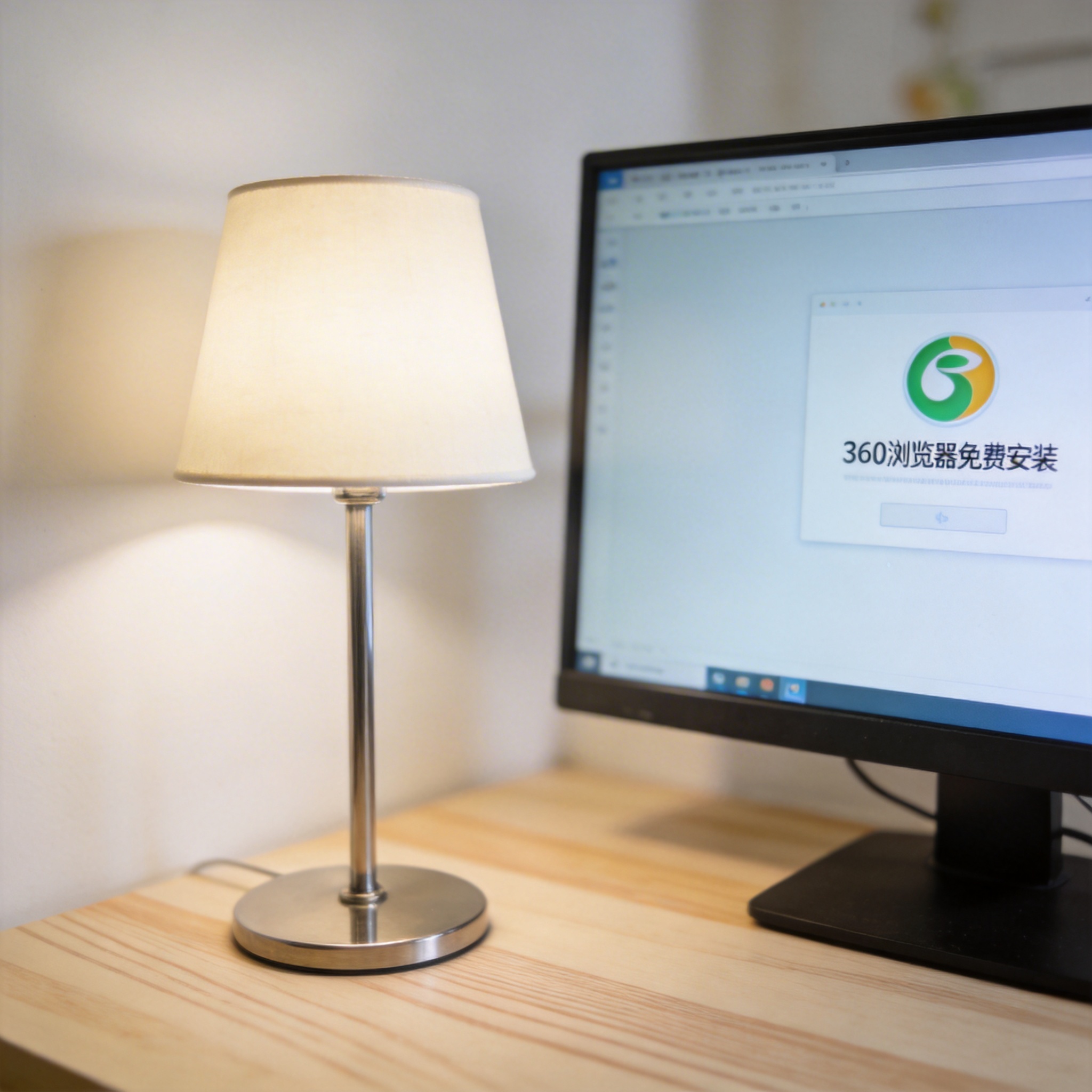 电脑桌上的电脑，屏幕显示360 浏览器免费安装界面，旁边放着台灯