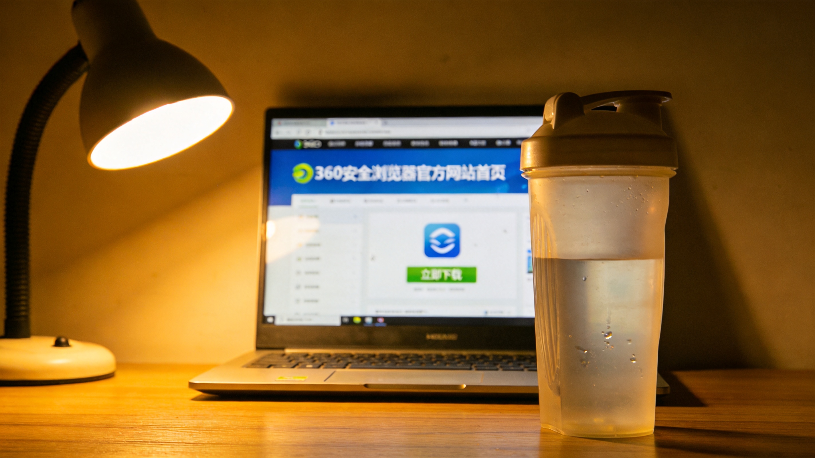 电脑屏幕显示360安全浏览器官方网站首页，页面上有明显的下载按钮，桌面放着半透明塑料水杯，台灯暖光