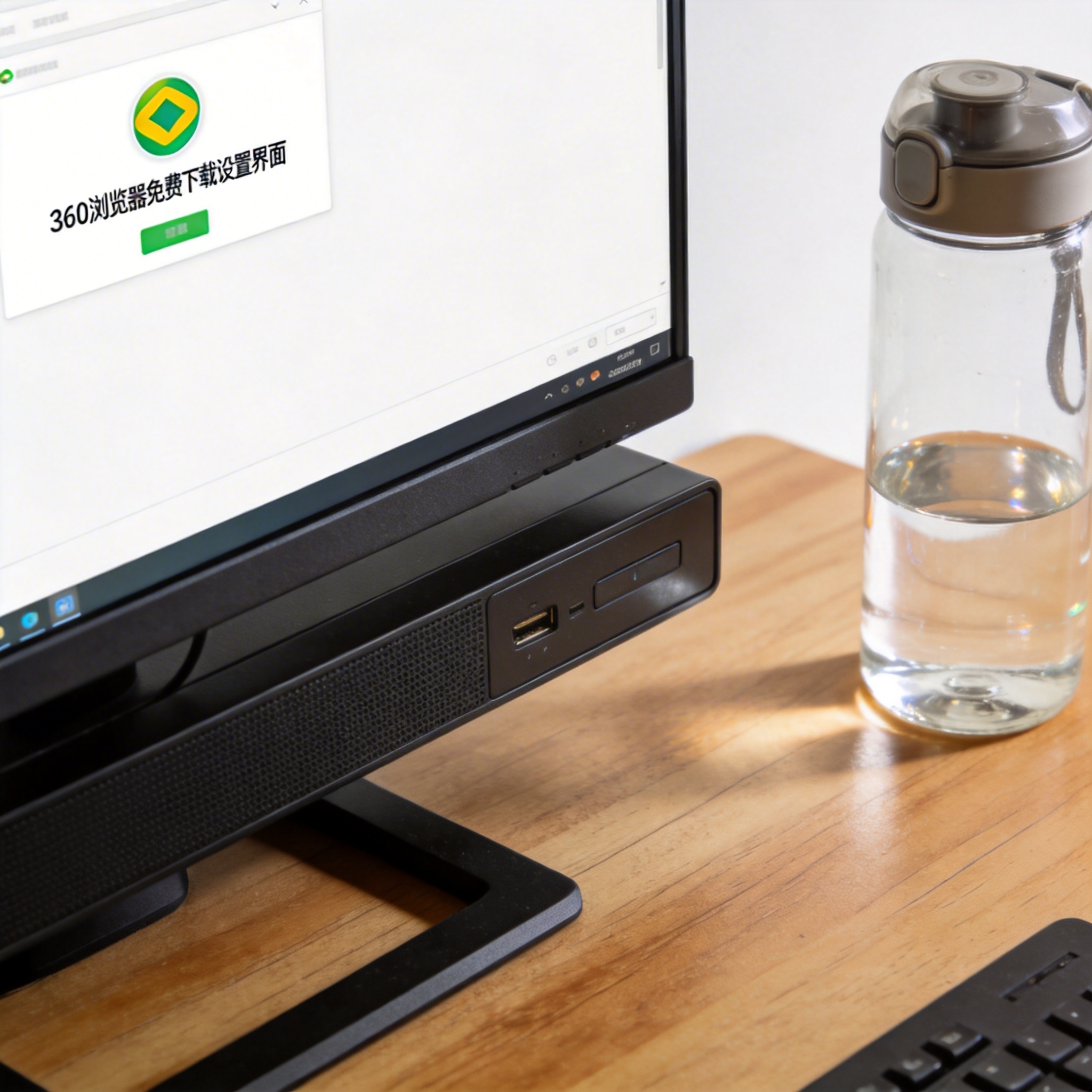 书桌上的主机，屏幕显示360 浏览器免费下载设置界面，桌角放着水杯，自然光