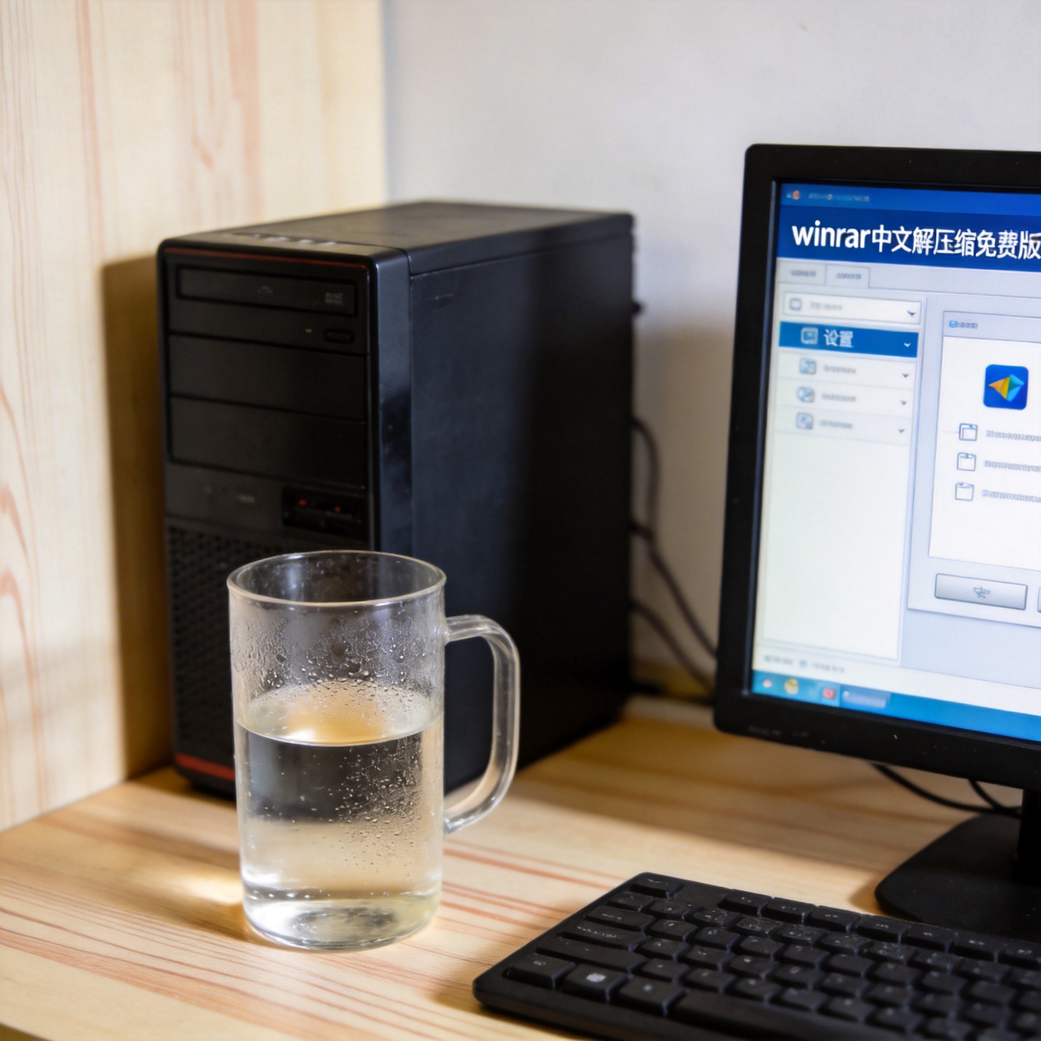 书桌上的主机，屏幕显示winrar 中文解压缩免费版设置界面，桌角放着水杯，自然光