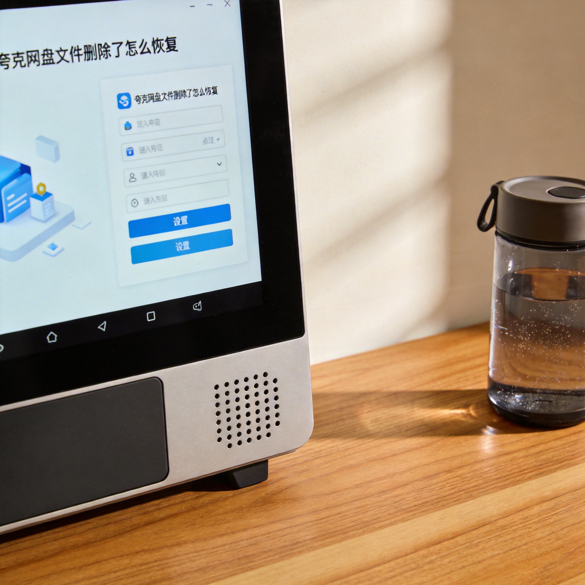 书桌上的主机，屏幕显示夸克网盘文件删除了怎么恢复设置界面，桌角放着水杯，自然光