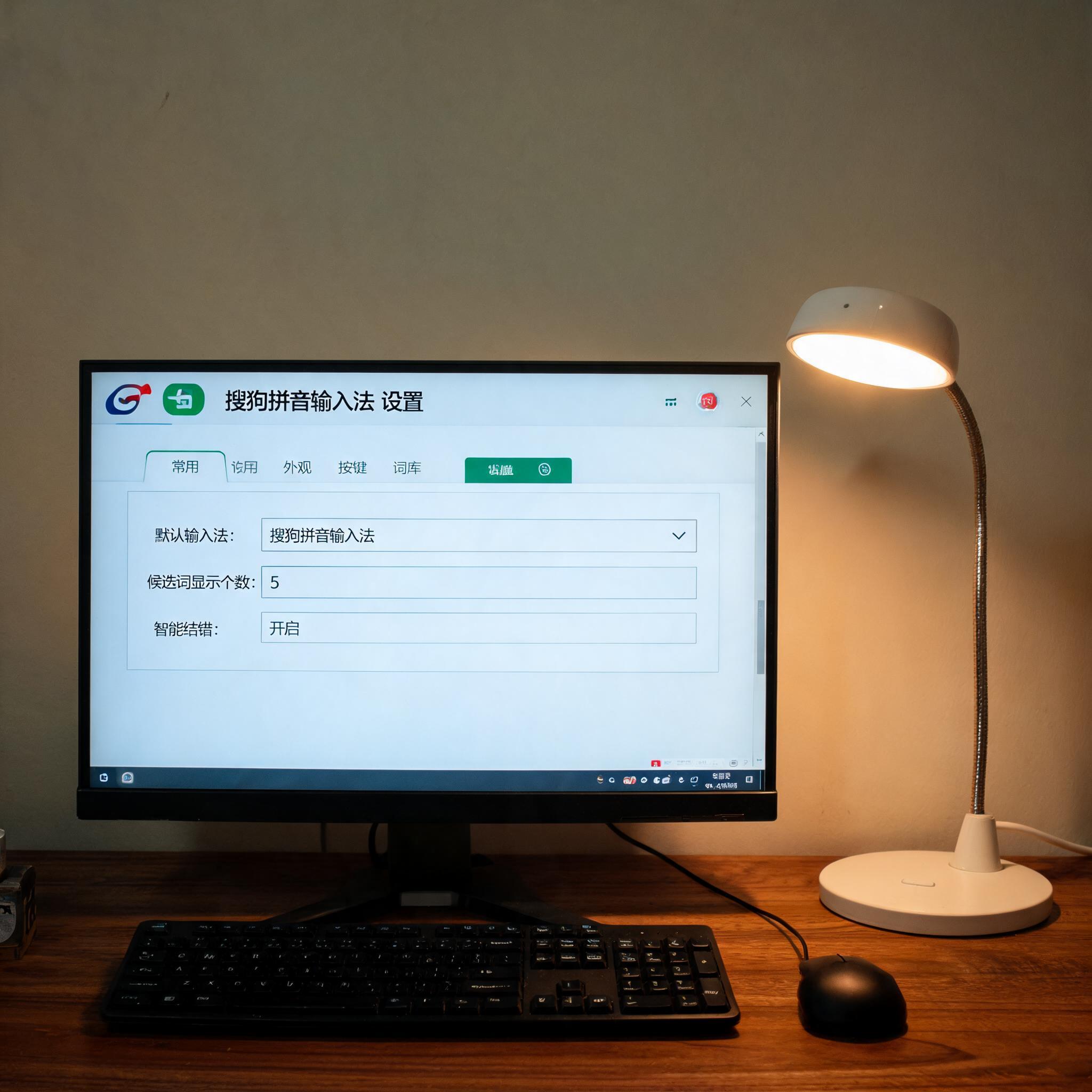 电脑桌上的电脑，屏幕显示搜狗拼音输入法怎么设置界面，旁边放着台灯