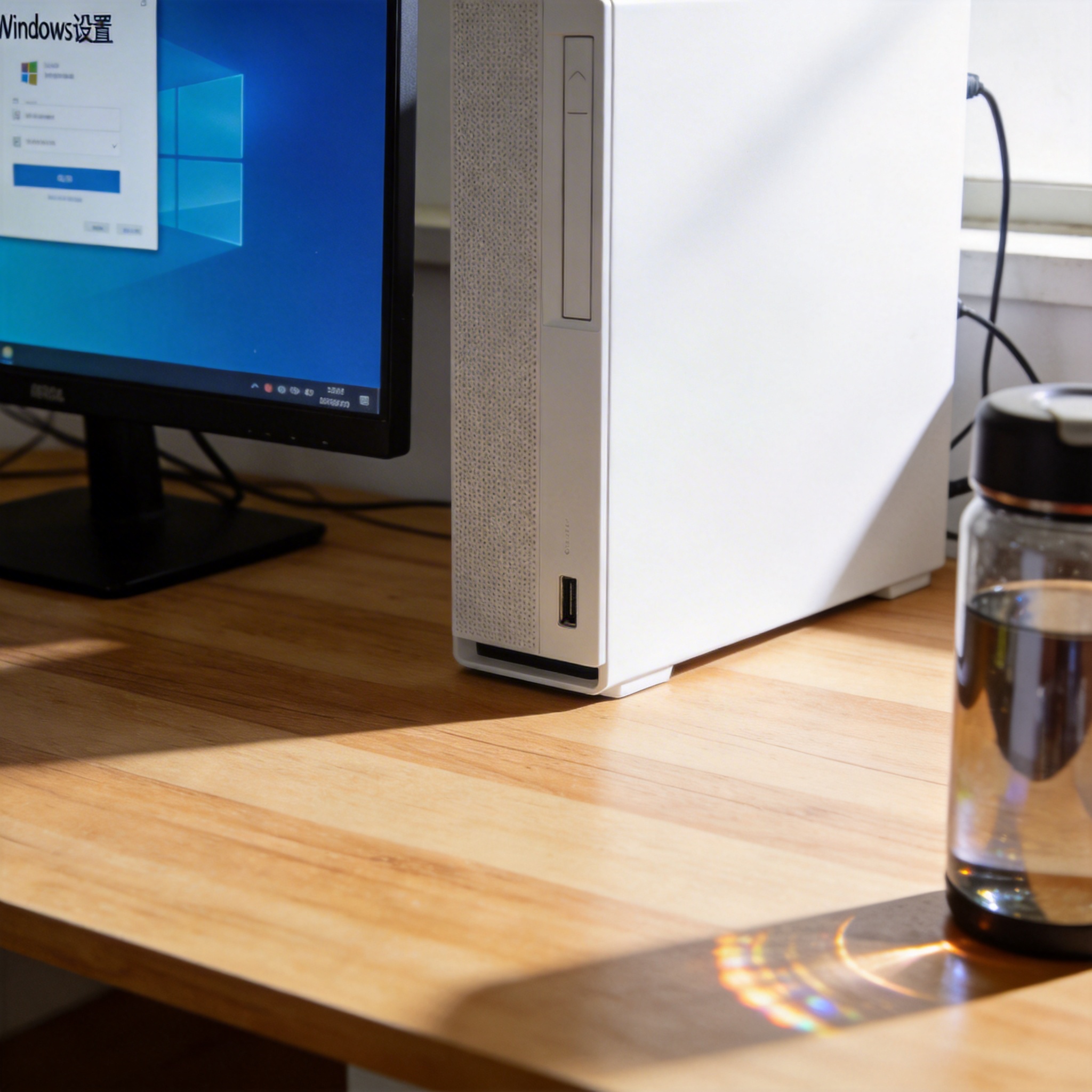书桌上的主机，屏幕显示Windows设置界面，桌角放着水杯，自然光