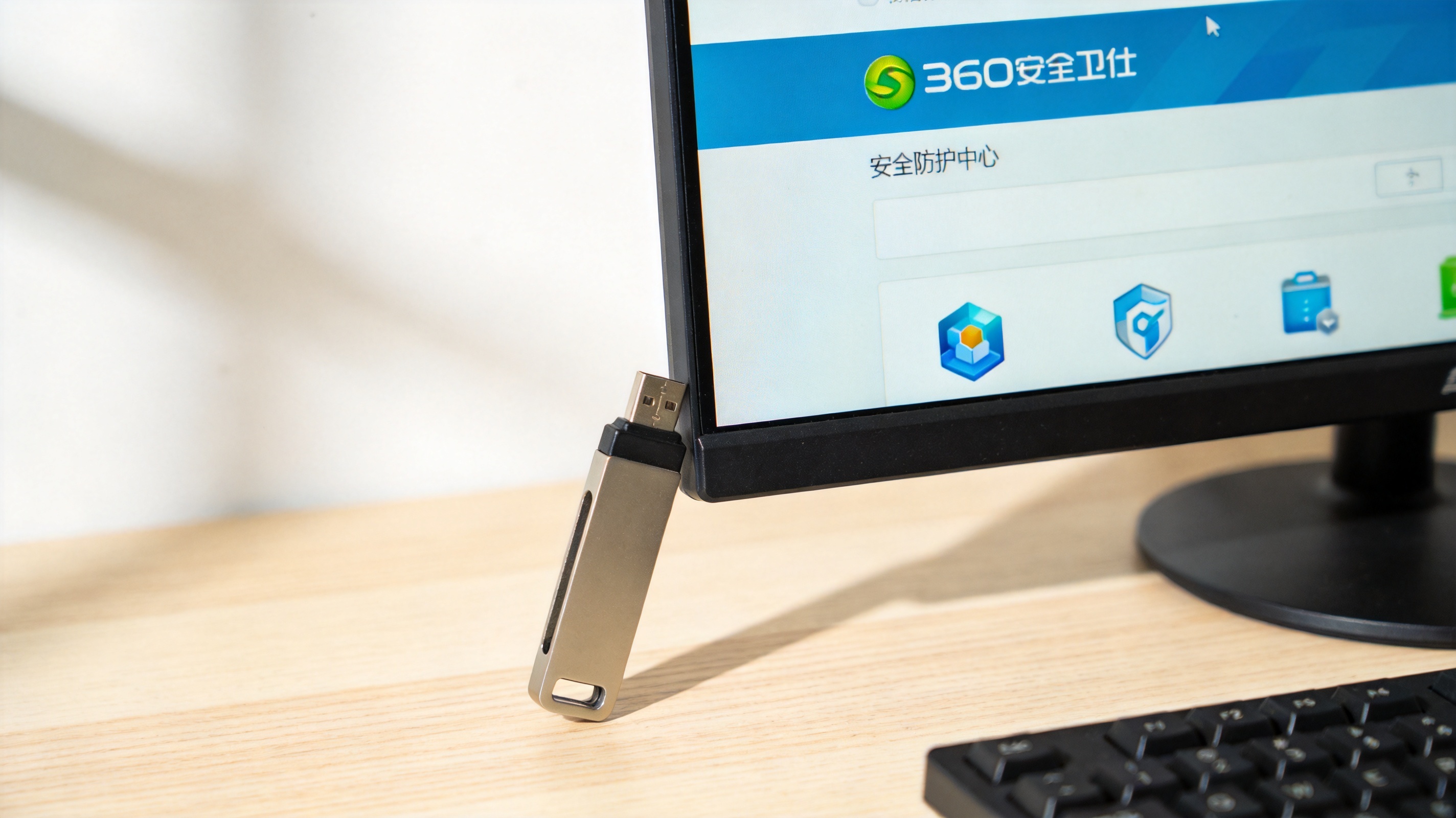 电脑桌面显示360安全卫士首页，界面上有“安全防护中心”入口图标，旁边放着U盘，室内自然光