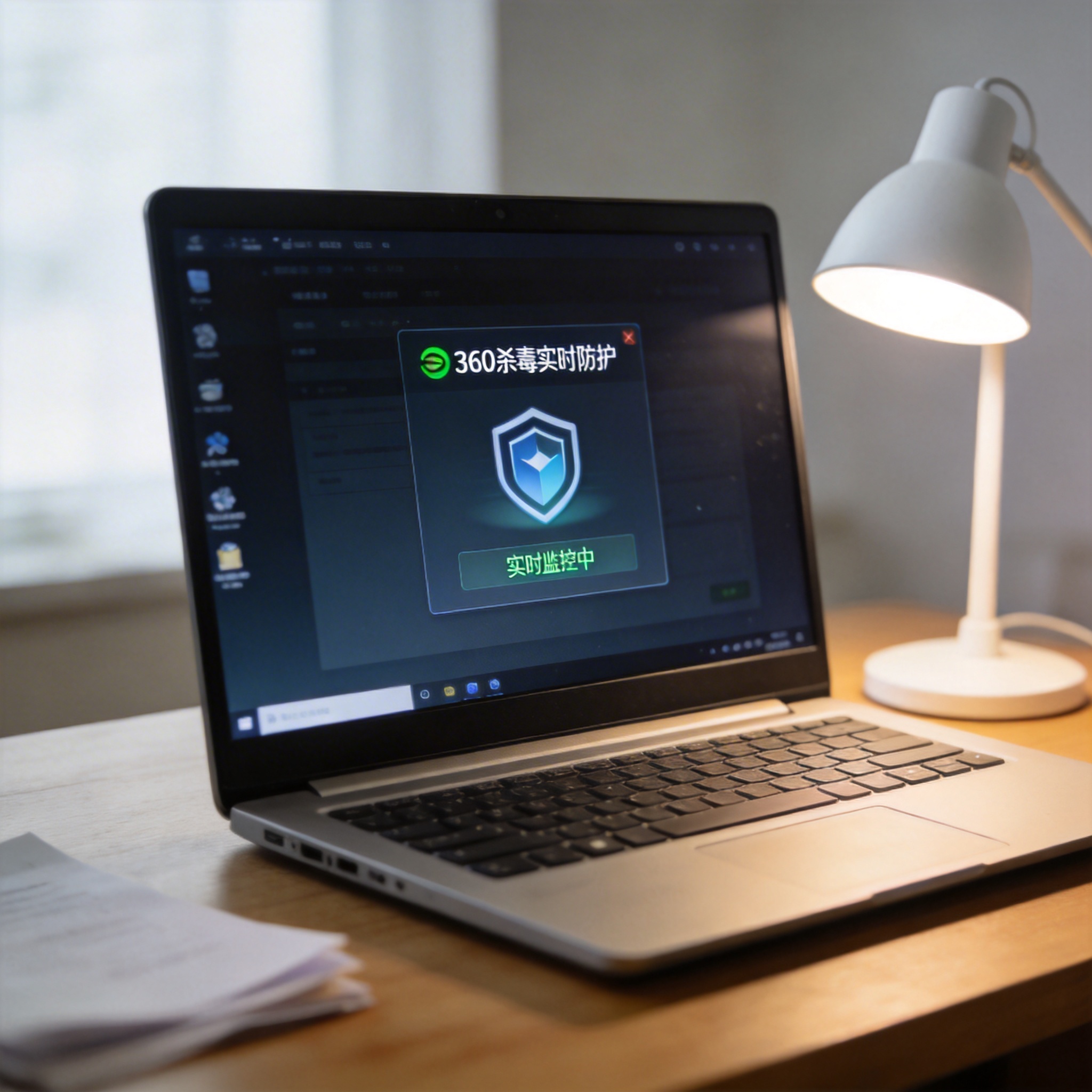 电脑桌上的电脑，屏幕显示360 杀毒实时防护功能界面，旁边放着台灯