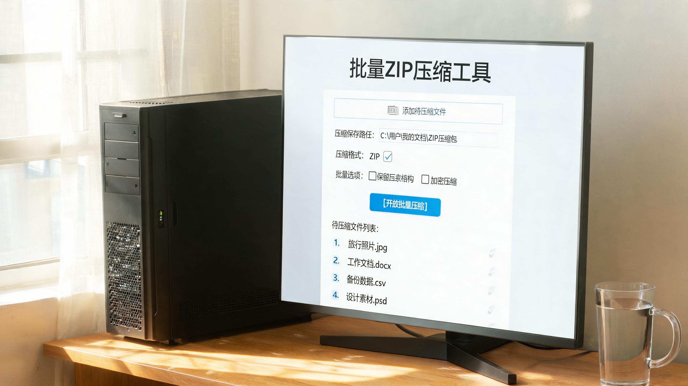 书桌上的主机，屏幕显示批量 zip 文件压缩工具设置界面，桌角放着水杯，自然光