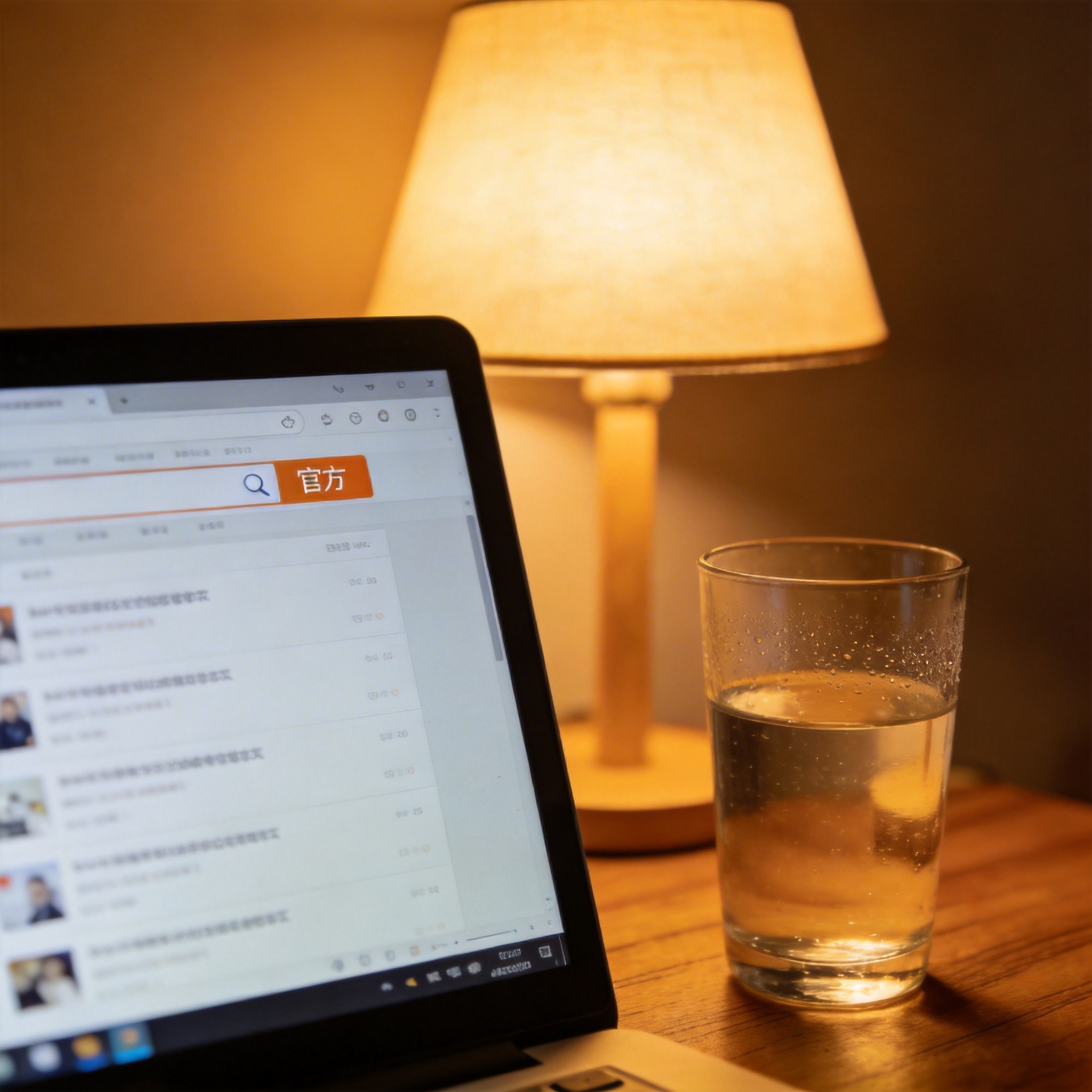 电脑屏幕显示搜狗搜索结果页，页面上有带“官方”标识的筛选按钮，旁边放着半杯凉白开，台灯暖光