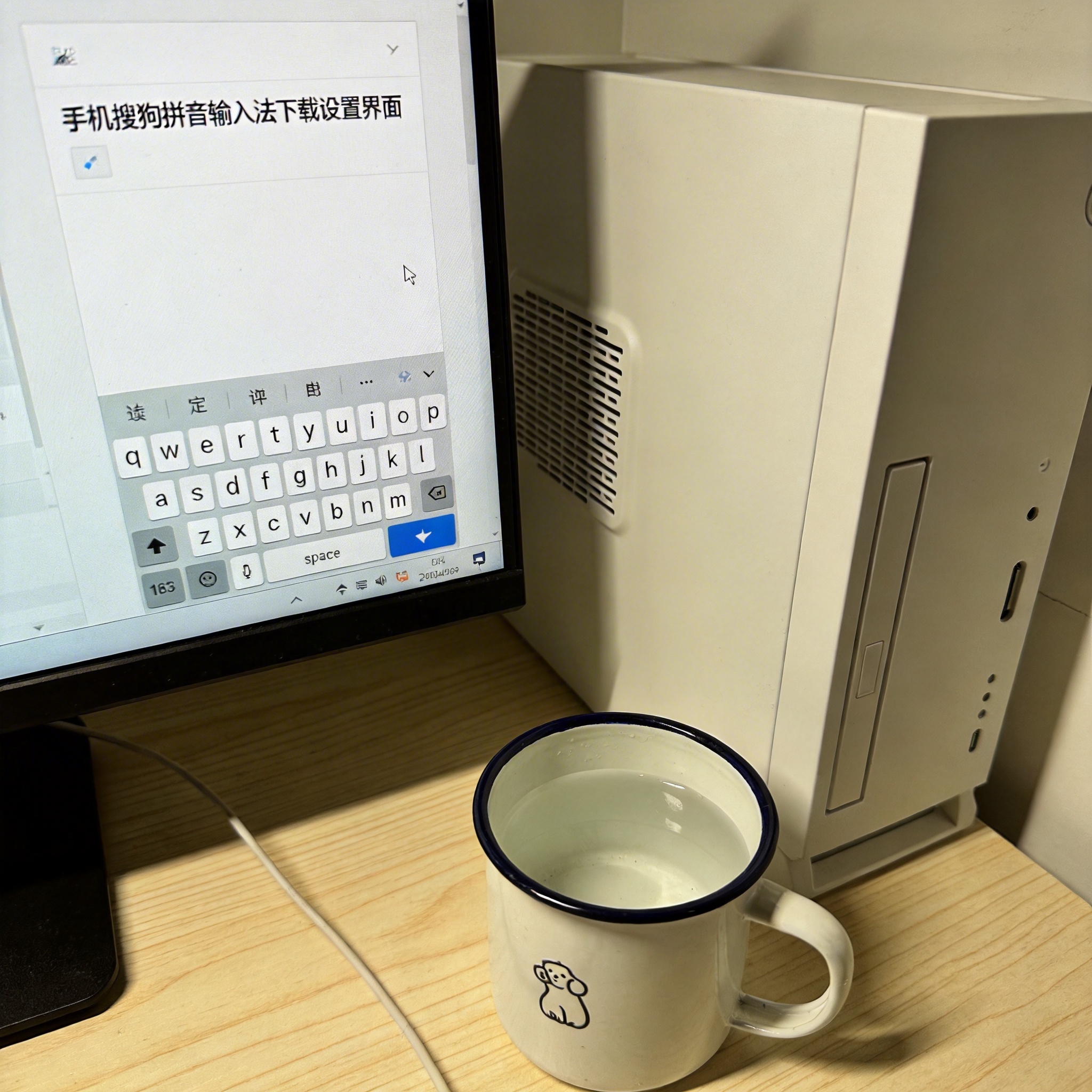 书桌上的主机，屏幕显示手机搜狗拼音输入法下载设置界面，桌角放着水杯，自然光