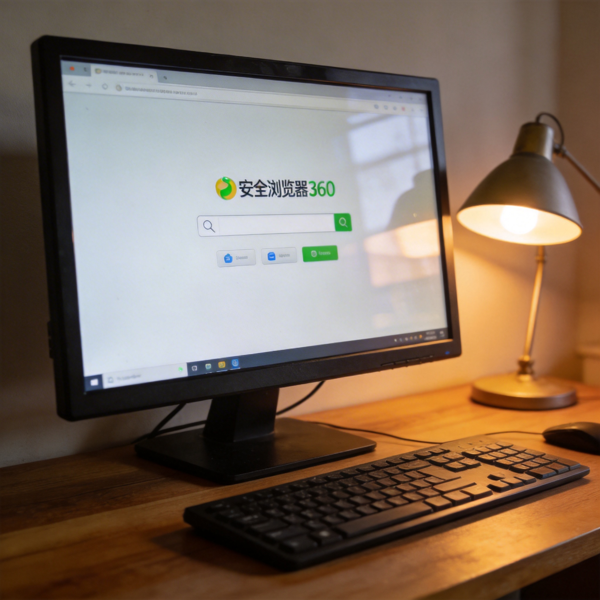 电脑桌上的电脑，屏幕显示安全浏览器 360界面，旁边放着台灯