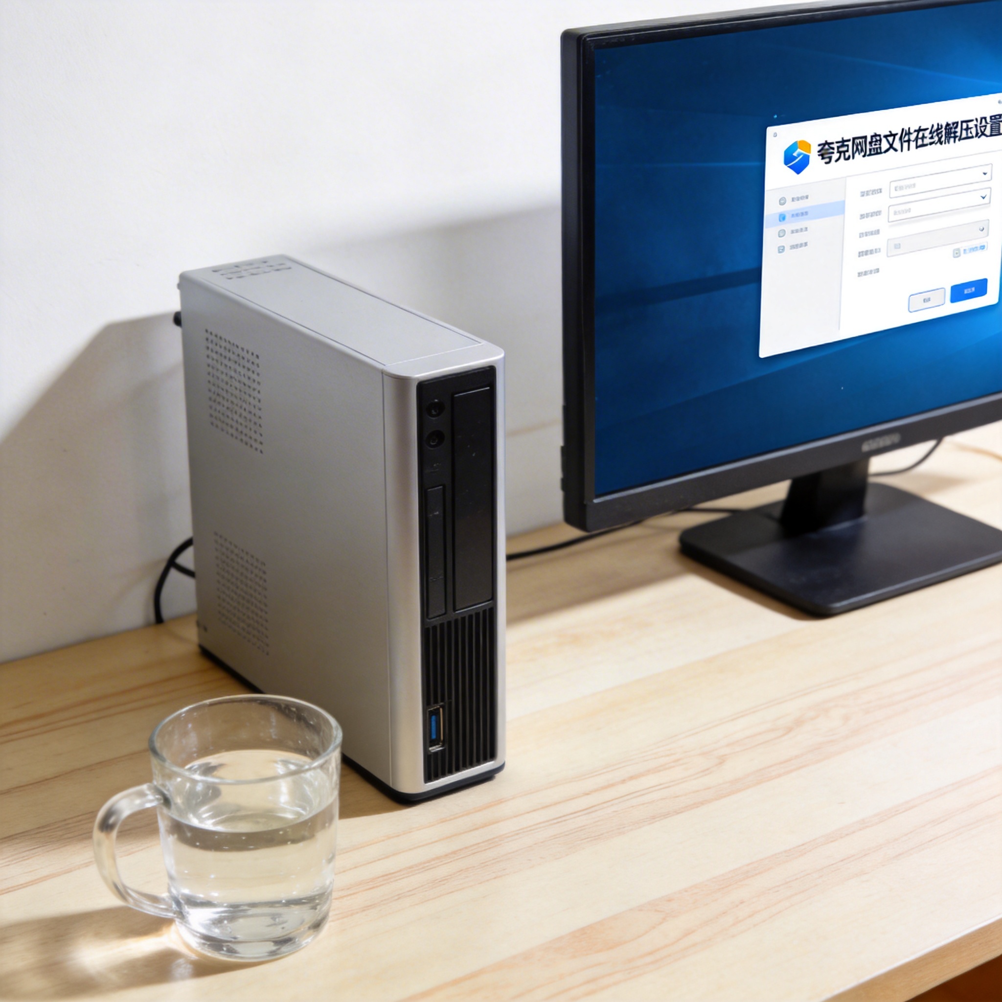 书桌上的主机，屏幕显示夸克网盘文件在线解压设置界面，桌角放着水杯，自然光