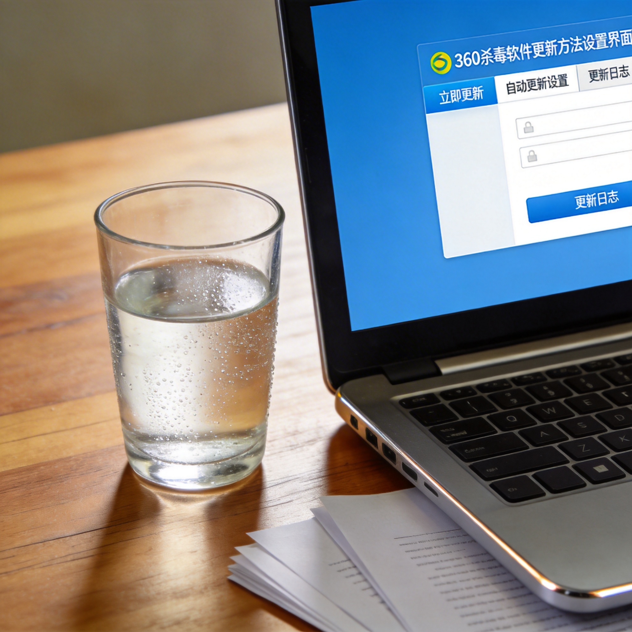 书桌上的笔记本，屏幕显示360 杀毒软件更新方法设置界面，桌角放着水杯，自然光