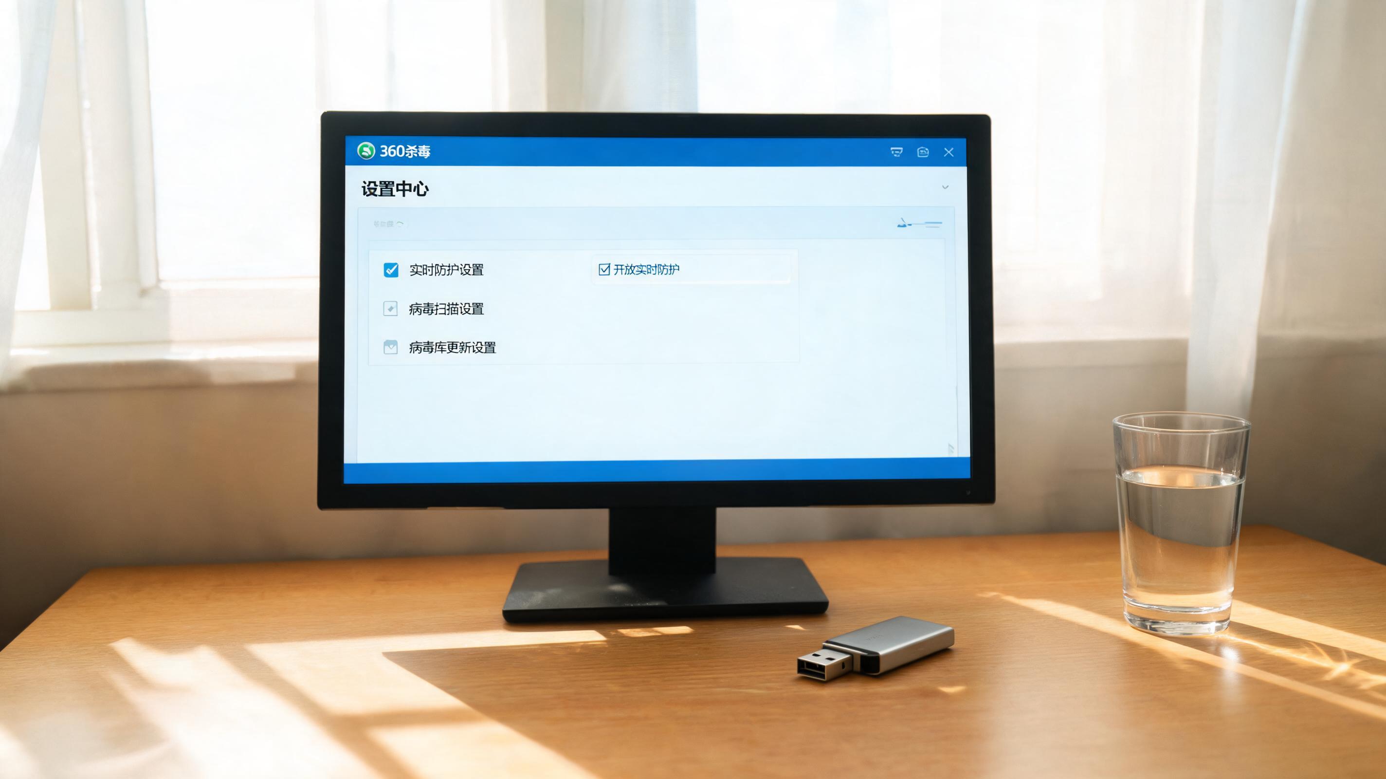 书桌上的U盘，屏幕显示360 杀毒电脑客户端设置界面，桌角放着水杯，自然光