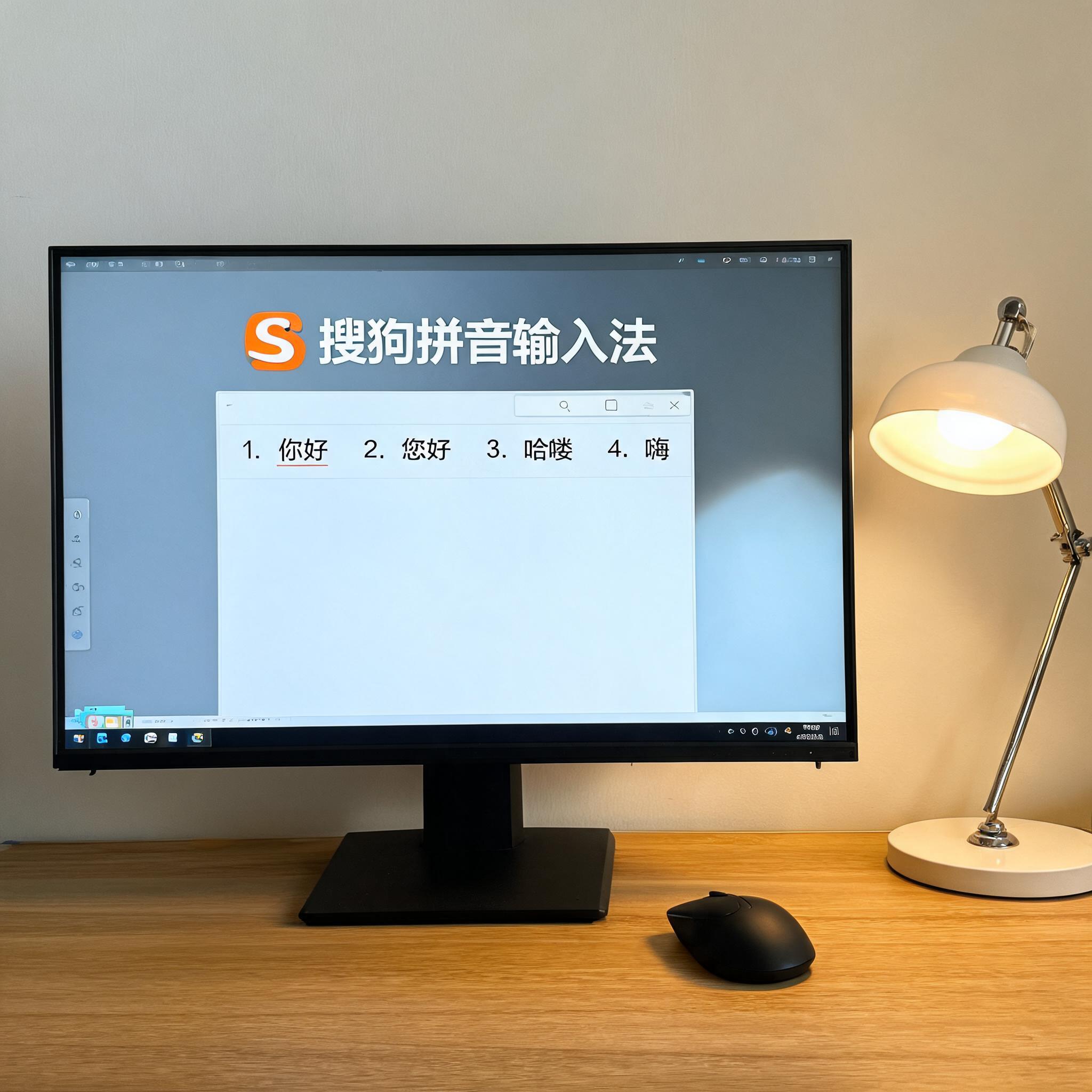 电脑桌上的电脑，屏幕显示搜狗拼音输入法界面，旁边放着台灯