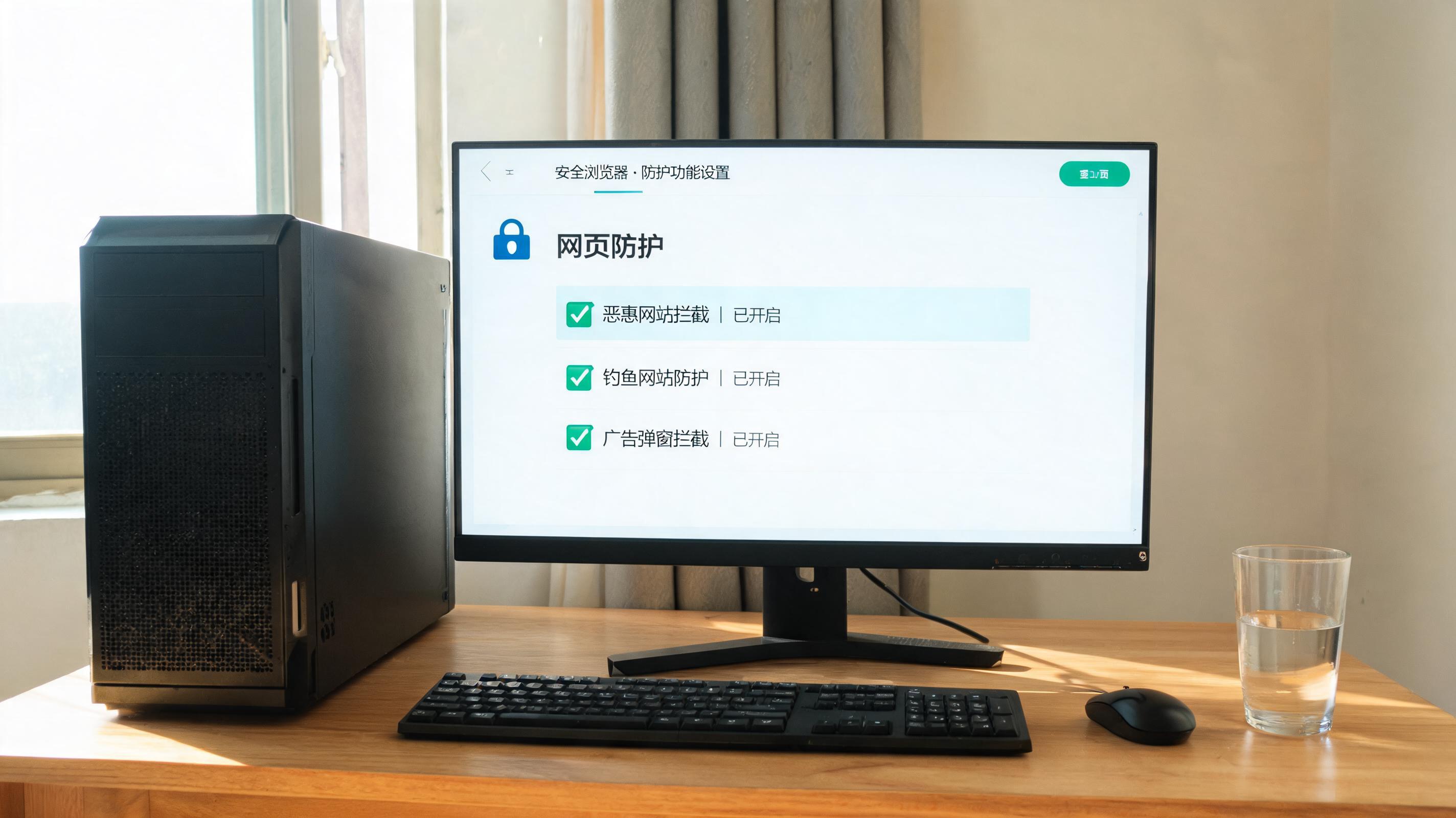 书桌上的主机，屏幕显示安全浏览器网页防护功能设置界面，桌角放着水杯，自然光