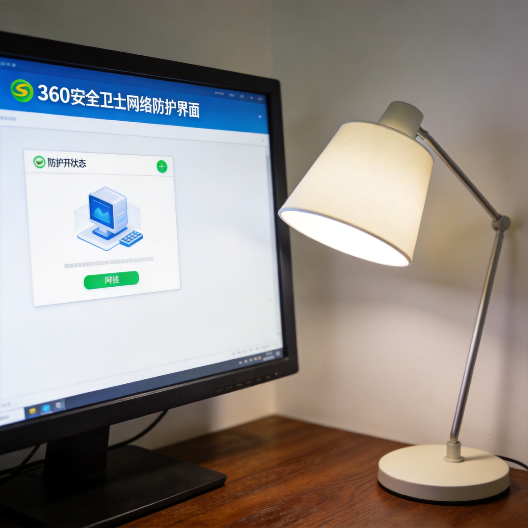 电脑桌上的电脑，屏幕显示360 安全卫士网络防护界面，旁边放着台灯