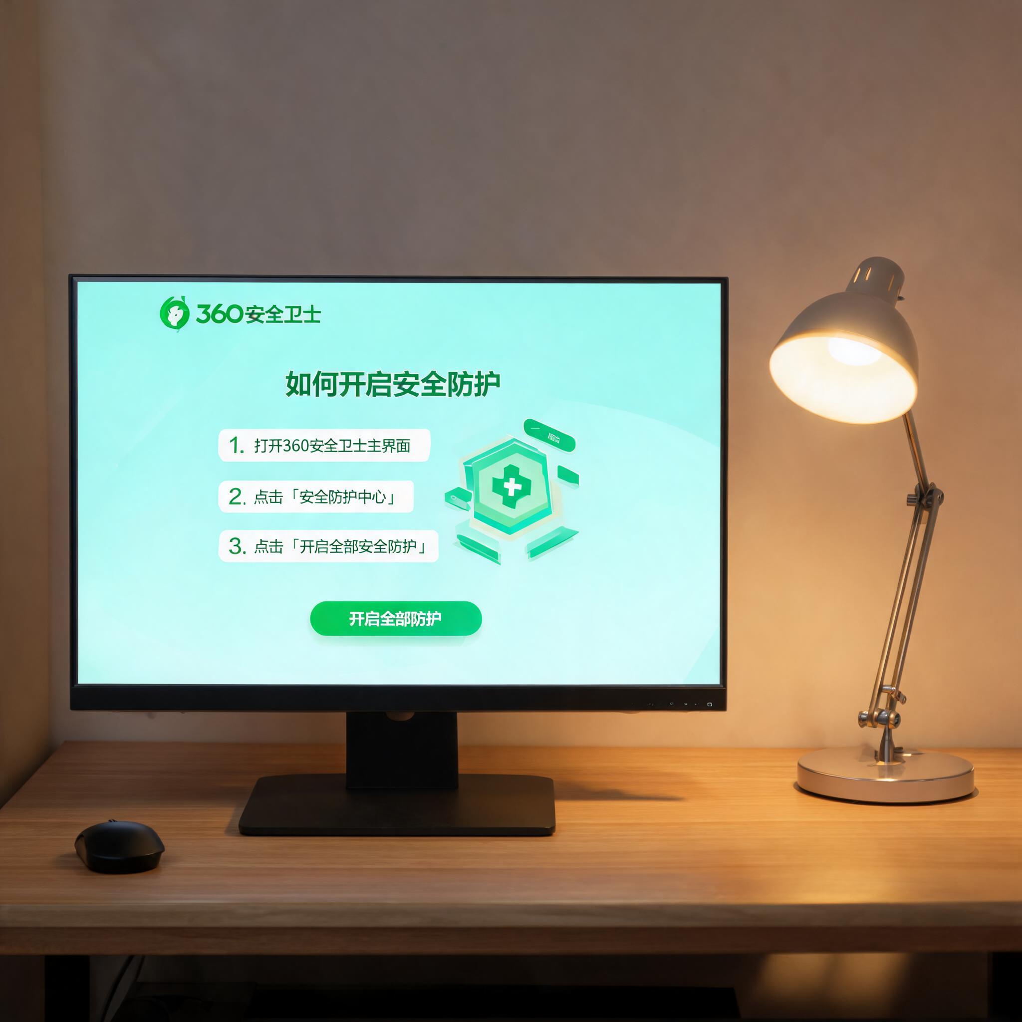 电脑桌上的电脑，屏幕显示360 卫士怎么开启安全防护界面，旁边放着台灯