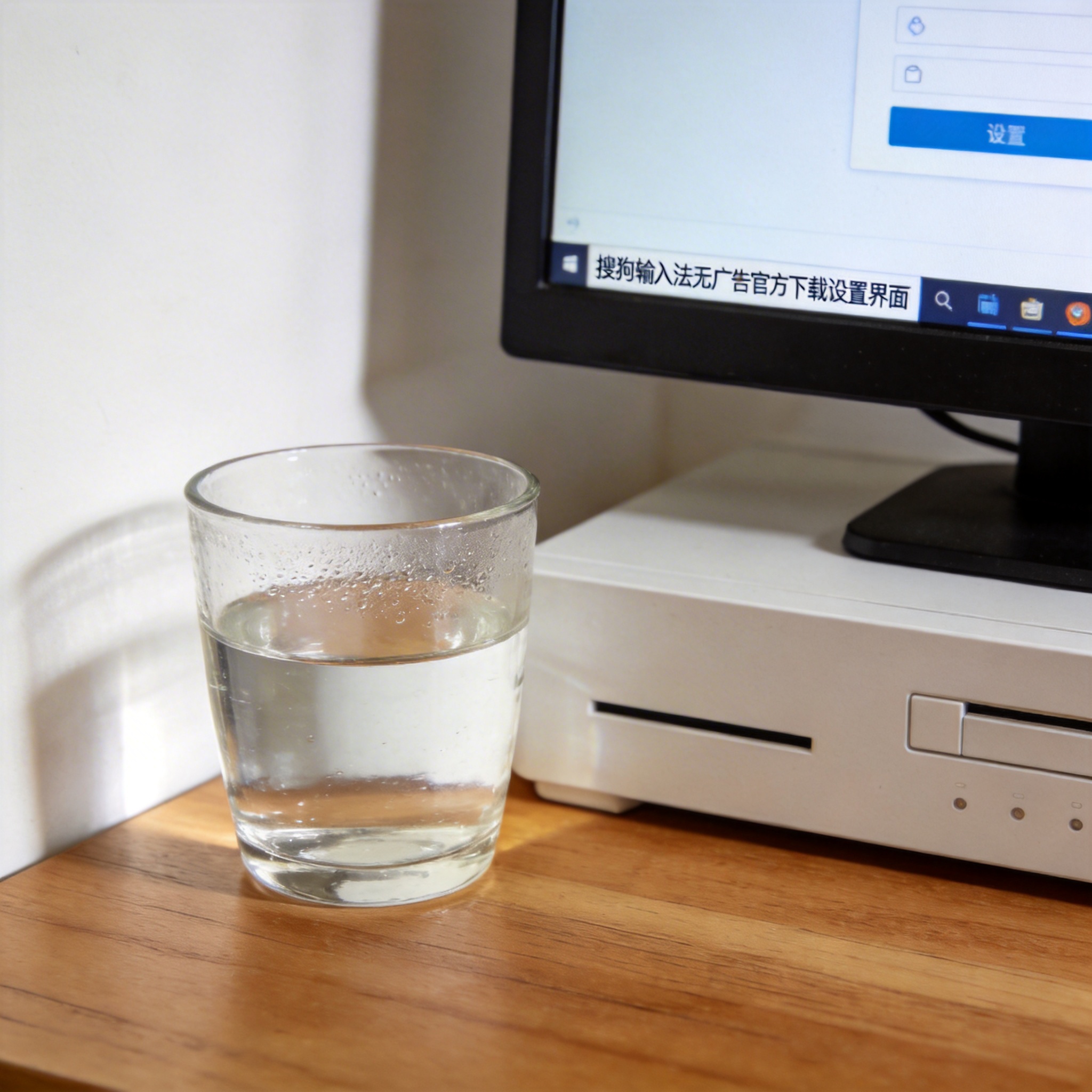 书桌上的主机，屏幕显示搜狗输入法无广告官方下载设置界面，桌角放着水杯，自然光
