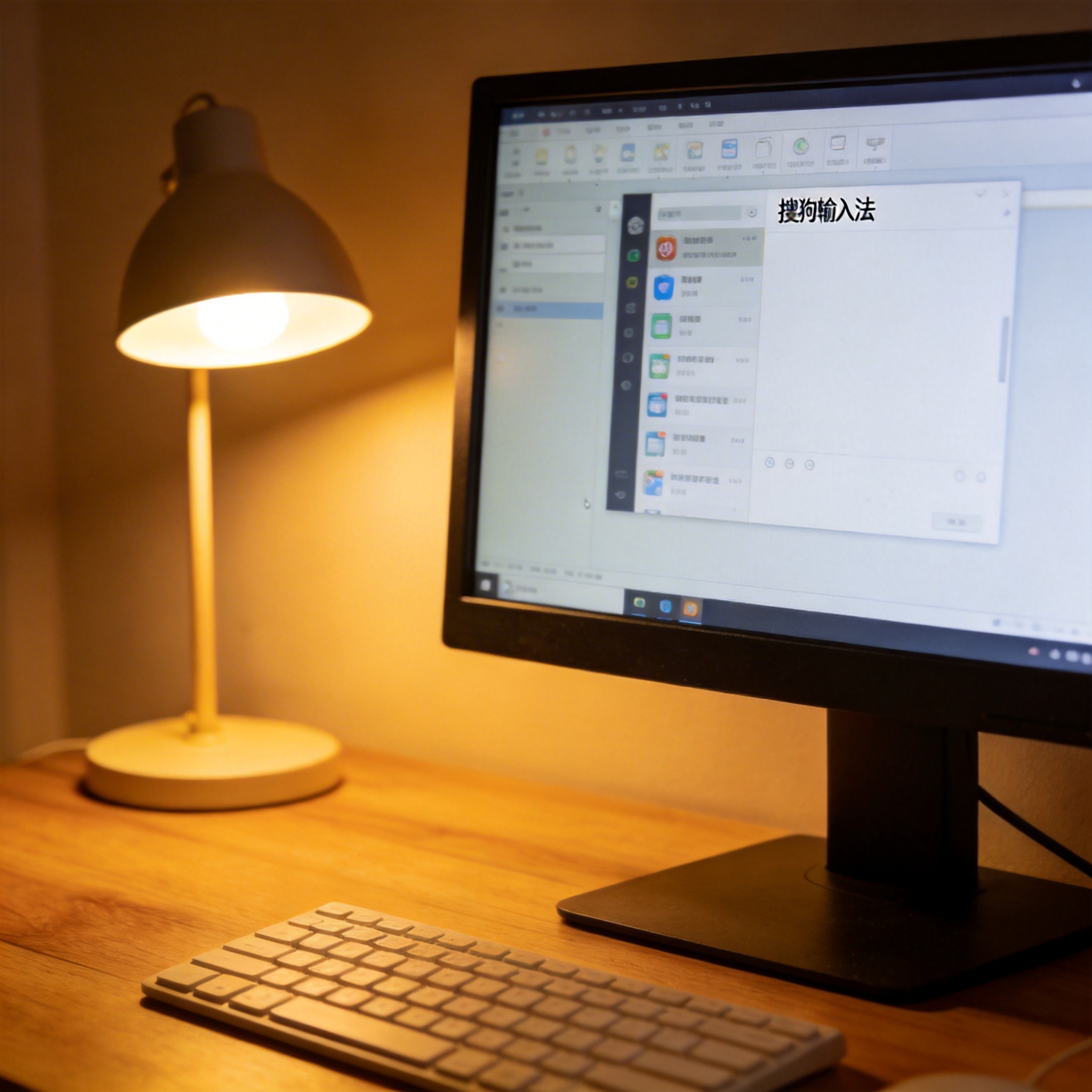 电脑桌上的电脑，屏幕显示搜狗菜单，旁边放着台灯