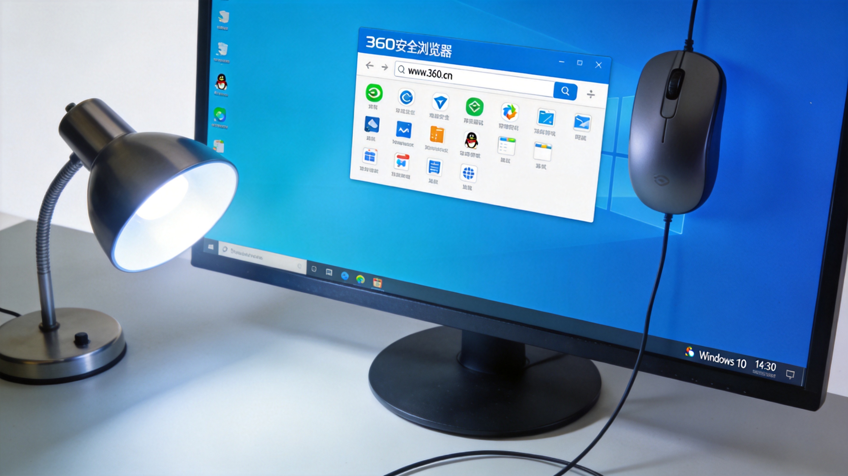 电脑屏幕显示360安全浏览器的主界面，Windows系统，桌面右侧放着普通有线鼠标，台灯冷光