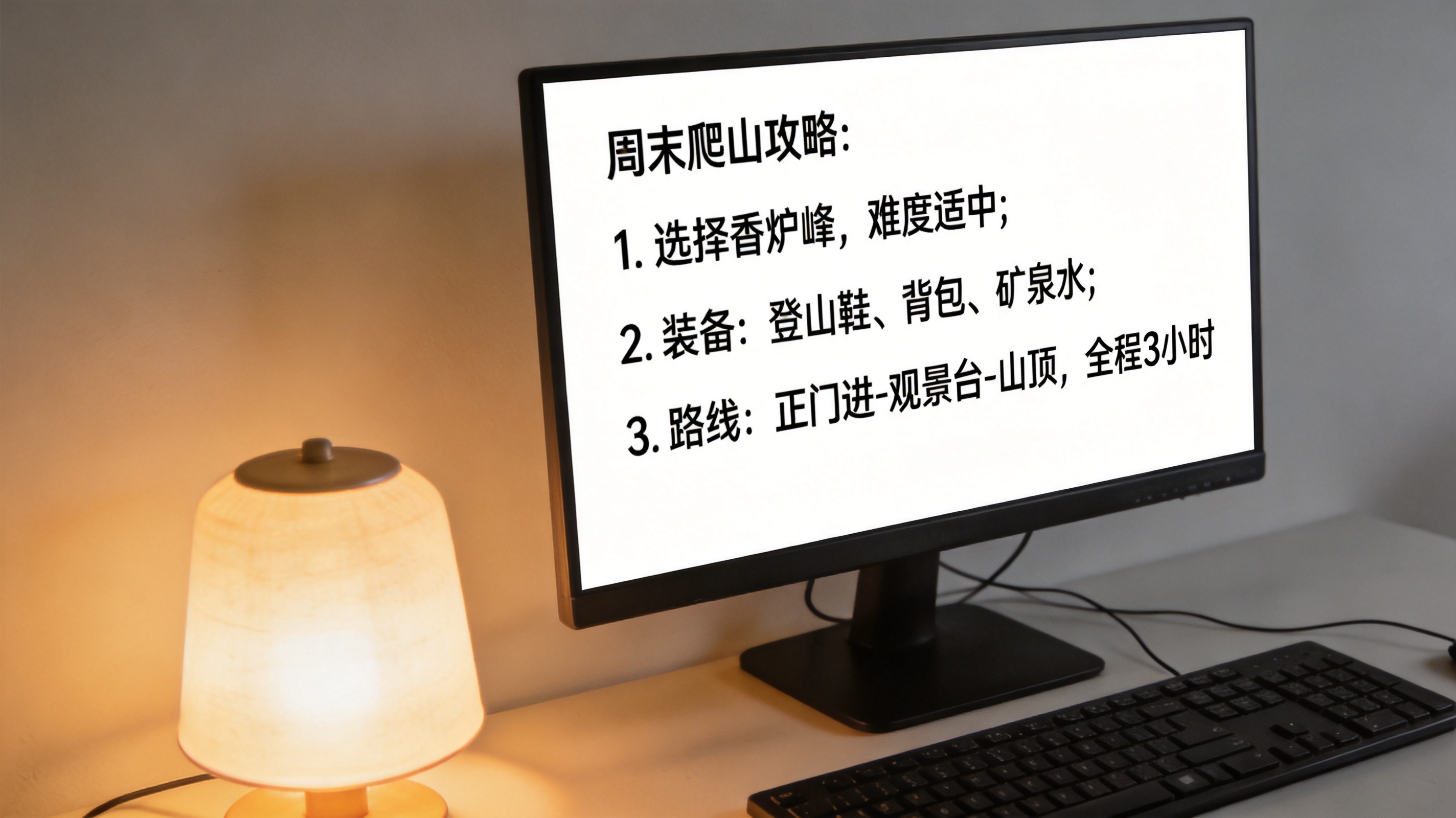 电脑屏幕显示搜狗输入法AI输入生成的周末爬山攻略内容，桌面是纯色背景，旁边摆着有线键盘，台灯暖光
