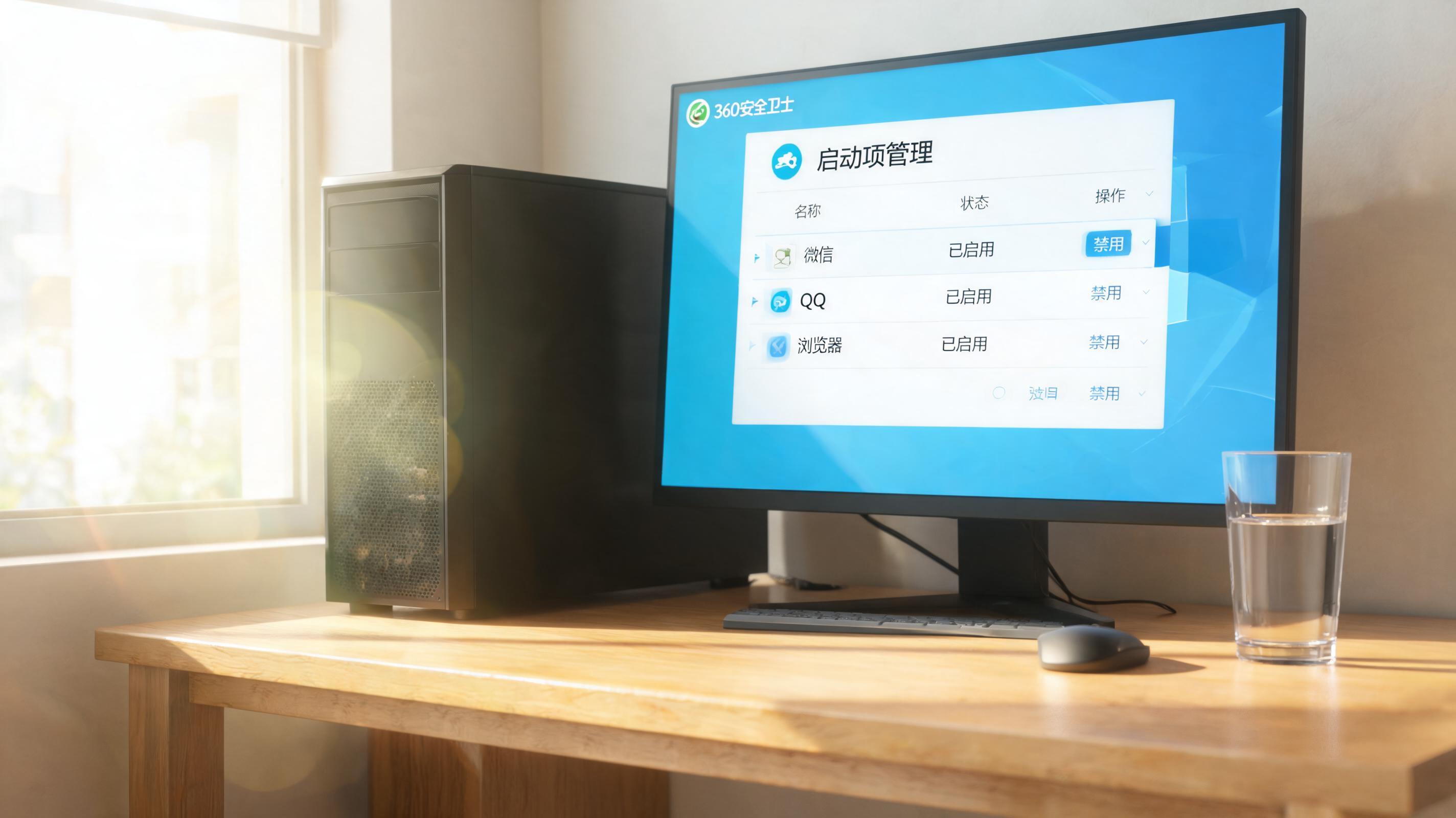 书桌上的主机，屏幕显示360 卫士启动项管理设置界面，桌角放着水杯，自然光