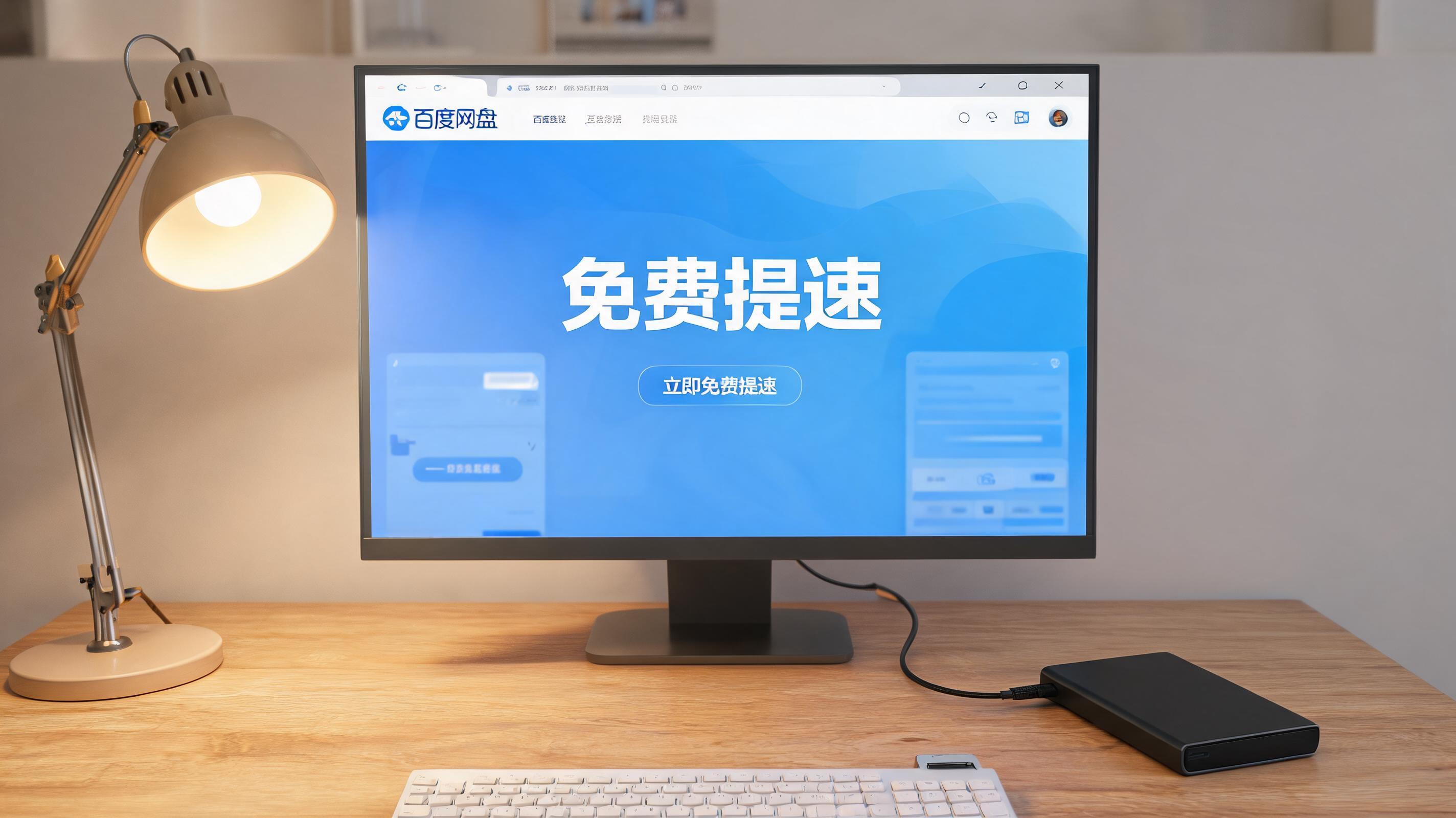 电脑桌上的硬盘，屏幕显示百度网盘免费提速电脑界面，旁边放着台灯