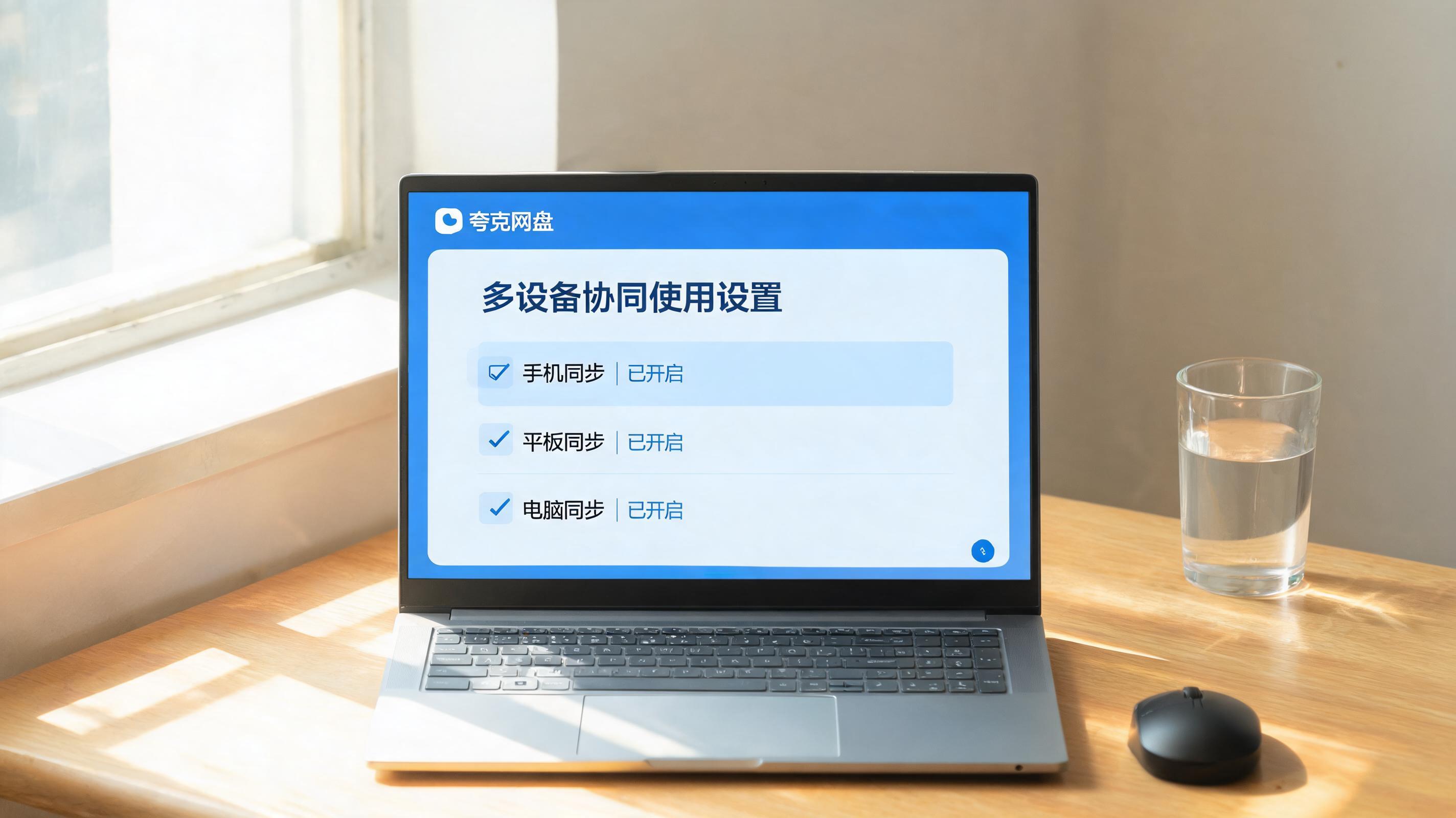书桌上的电脑，屏幕显示夸克网盘多设备协同使用设置界面，桌角放着水杯，自然光